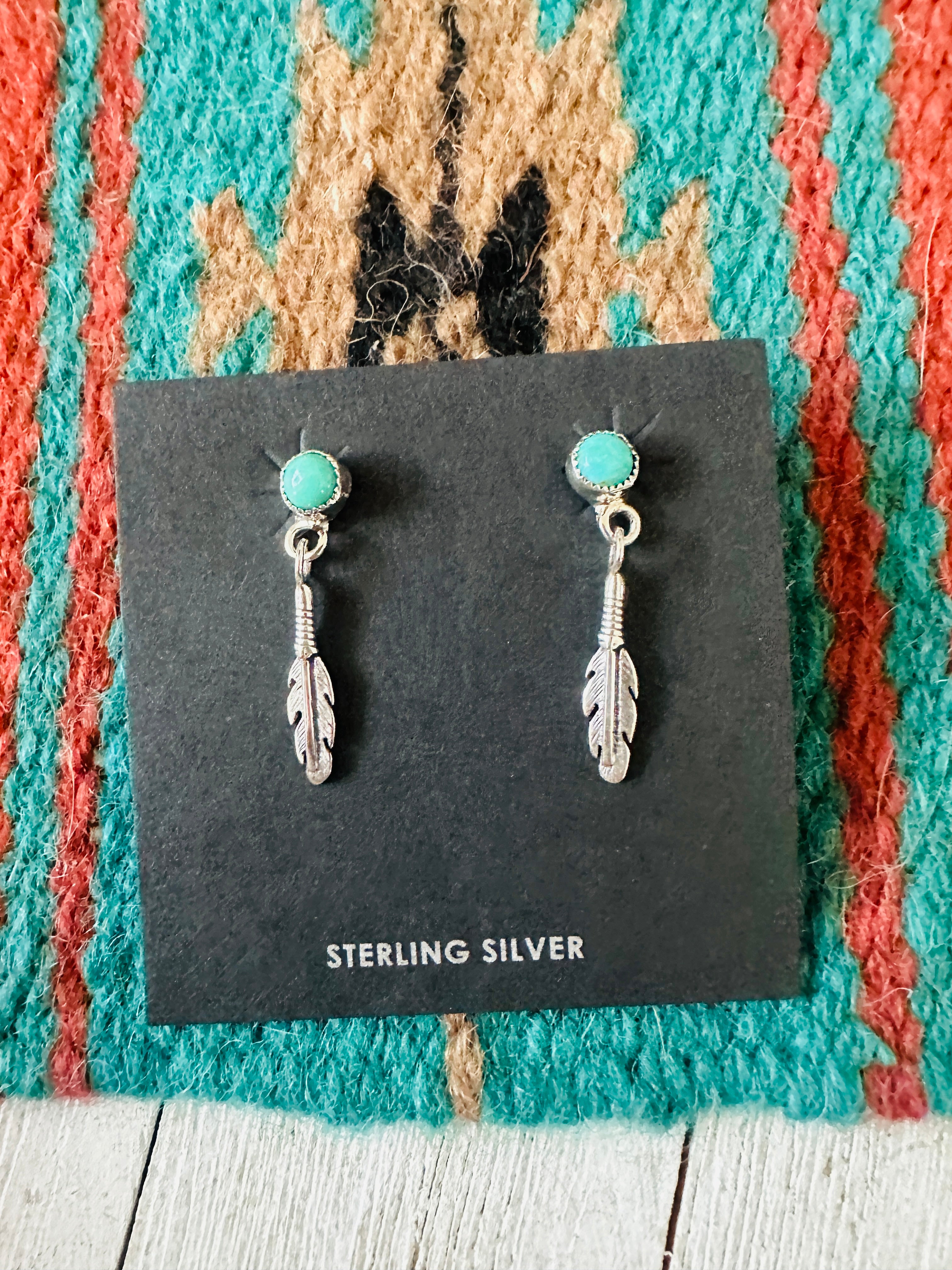 Navajo Turquoise Sterling Silver Feather Dangle Earrings