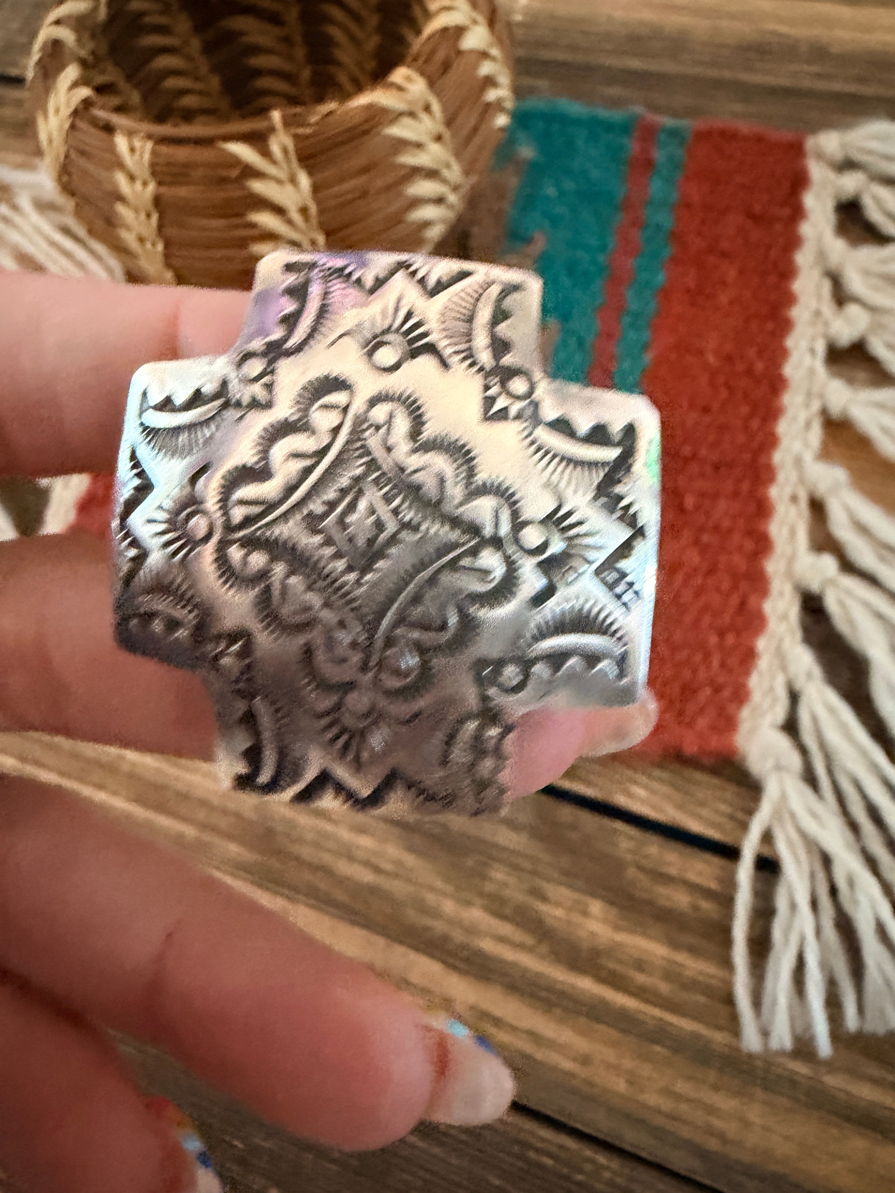Handcrafted Sterling Silver Adjustable Cross Concho Ring by Vincent Platero