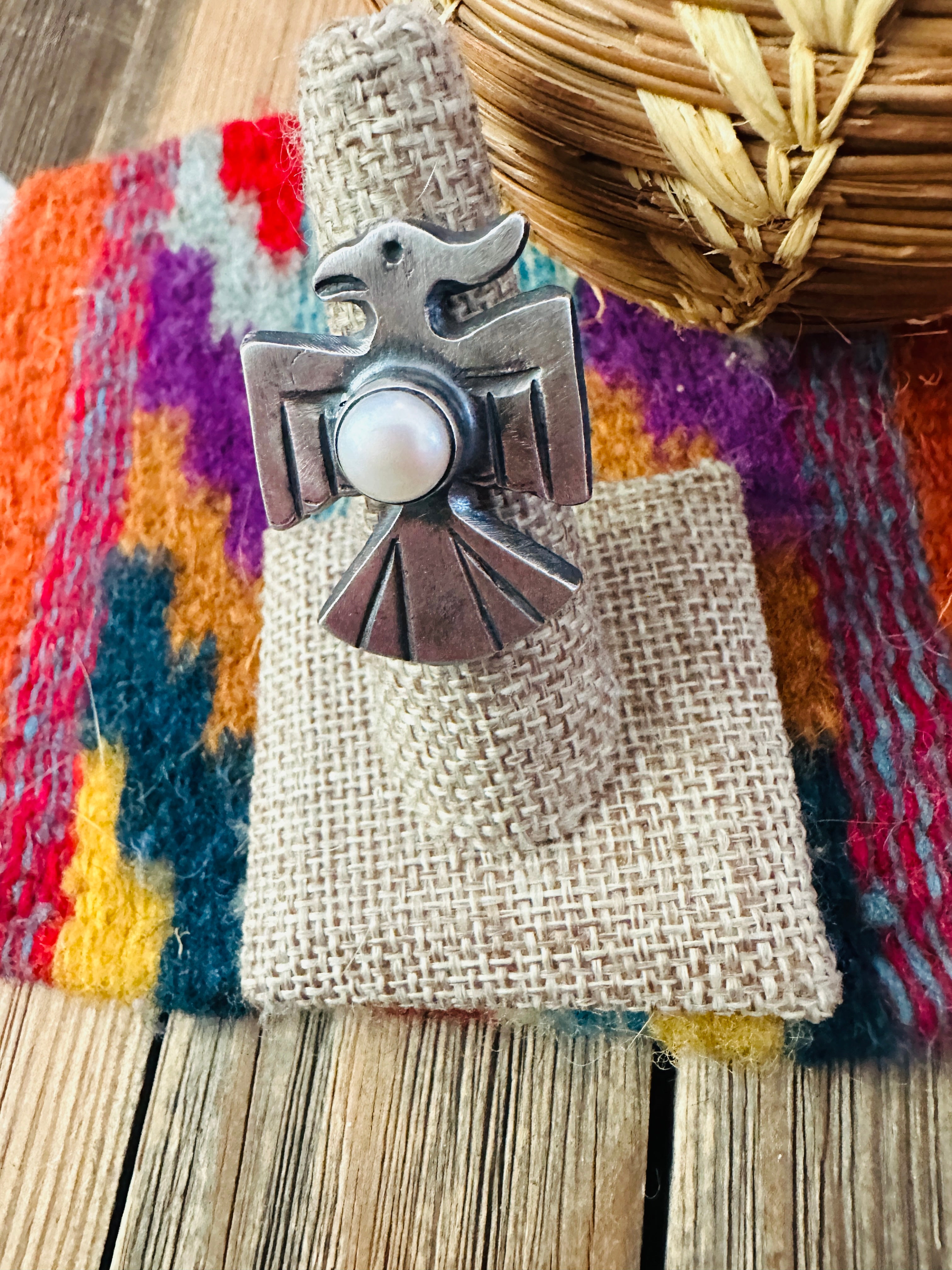 Handcrafted Pearl and Sterling Silver Thunderbird Ring size 6 by Chimney Butte