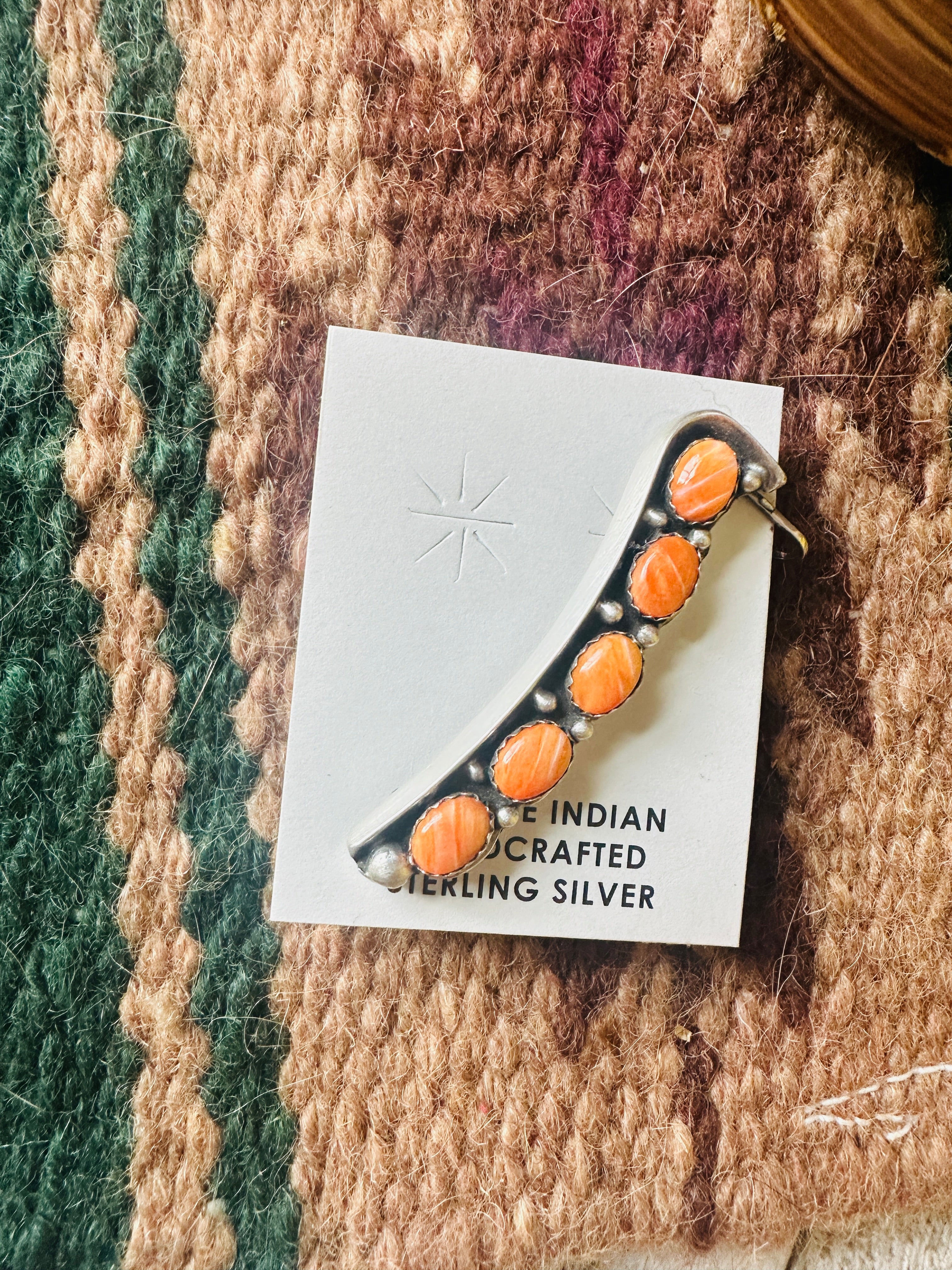 Navajo Sterling Silver & Orange Spiny Left Ear Cuff