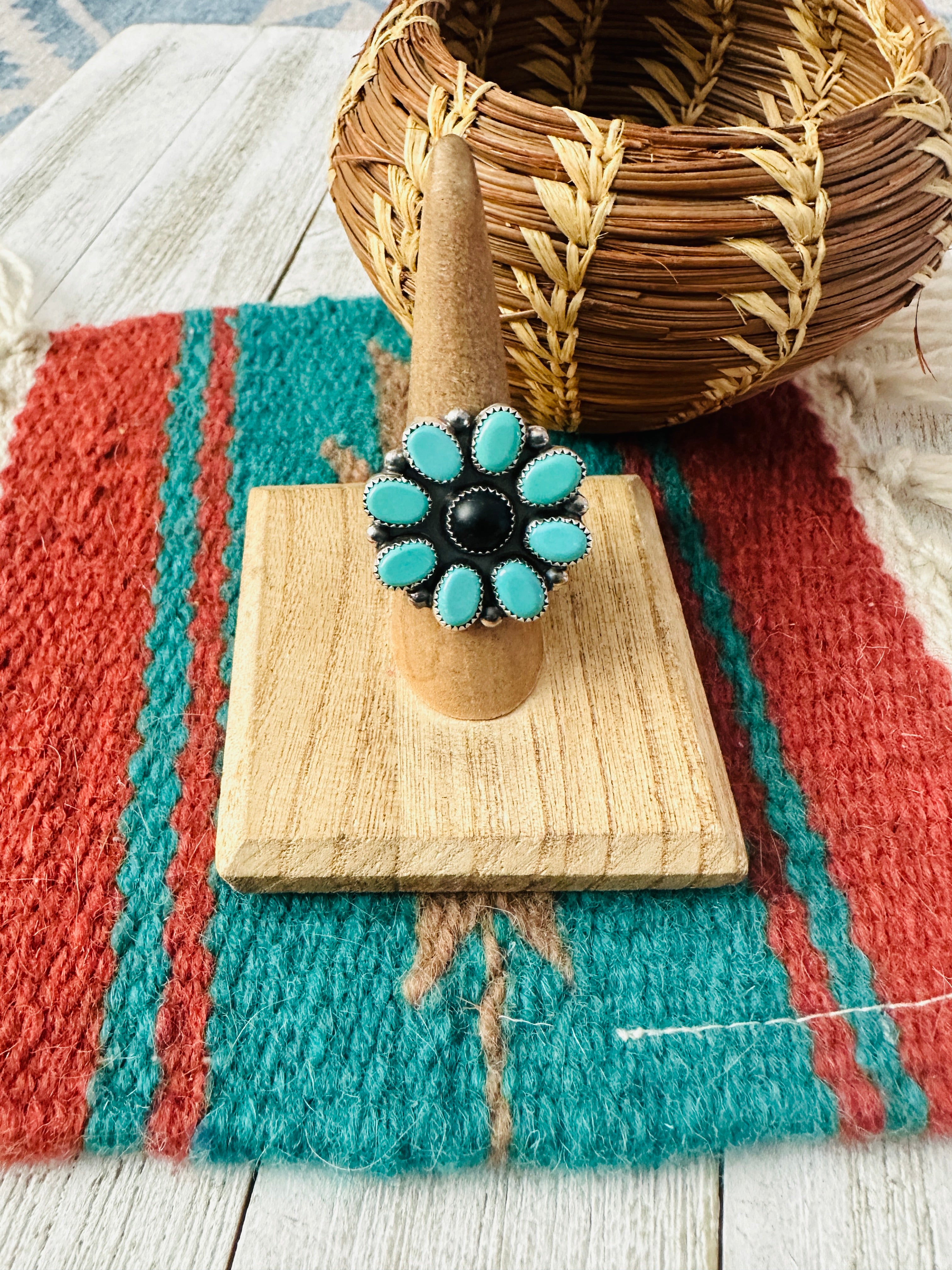 Navajo Sterling Silver, Turquoise & Onyx Cluster Ring Size 8