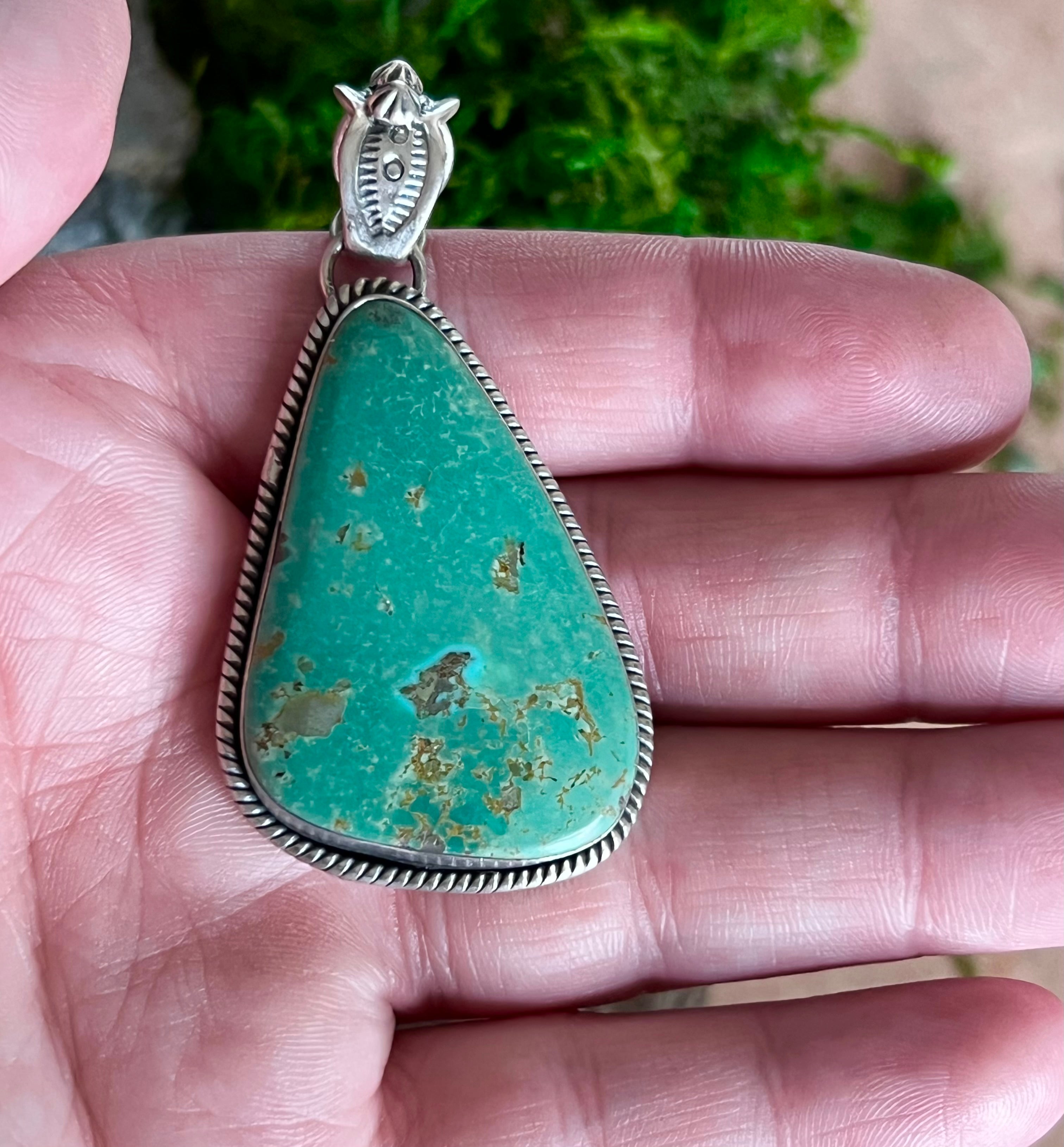 Handmade Green Turquoise Tear Drop Sterling Silver Pendant