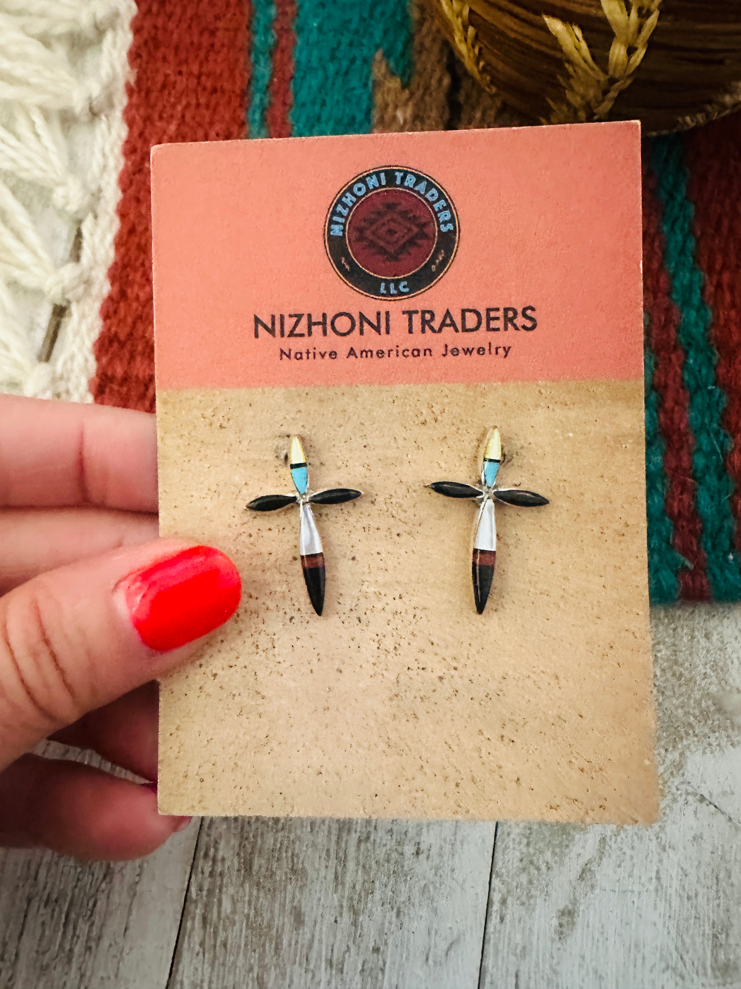 Zuni Sterling Silver & Multi Stone Inlay Cross Post Earrings