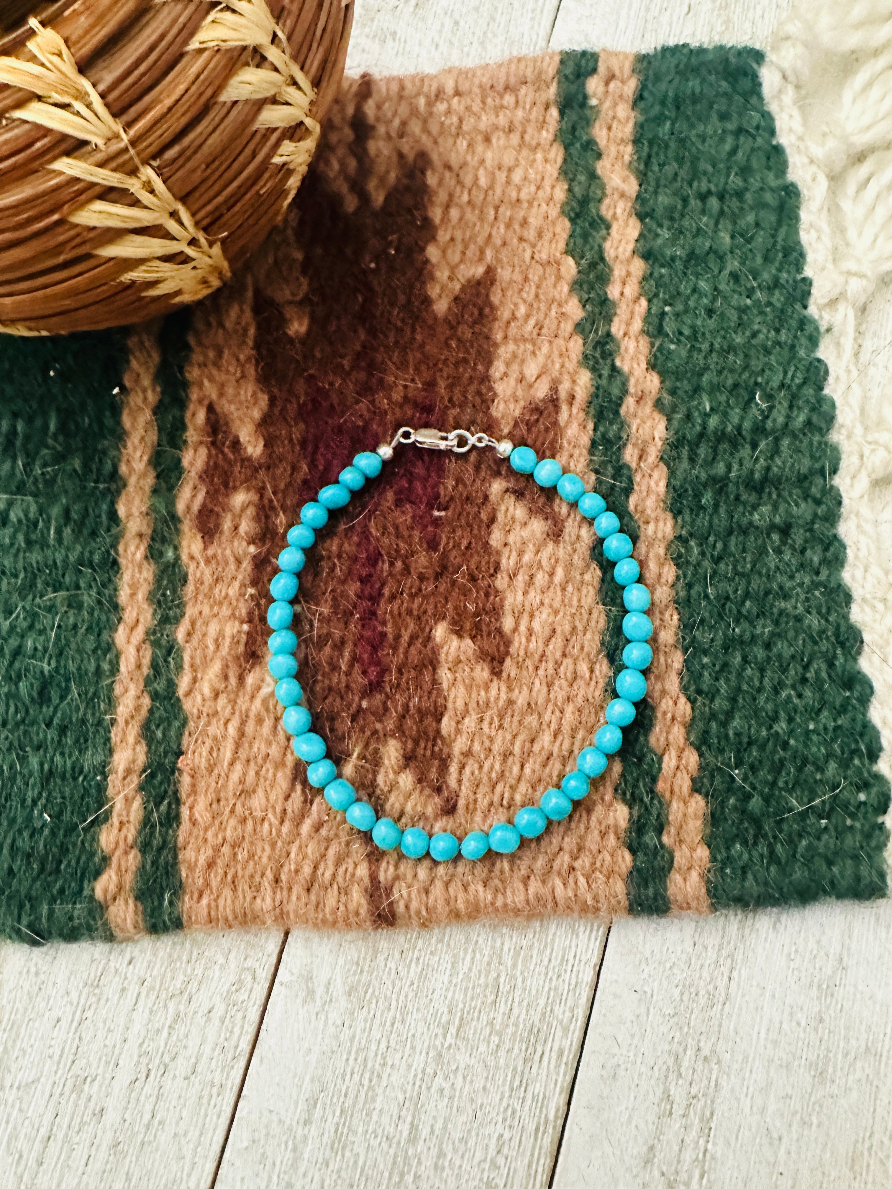 Navajo Sterling Silver and Turquoise Beaded Stretch Bracelet