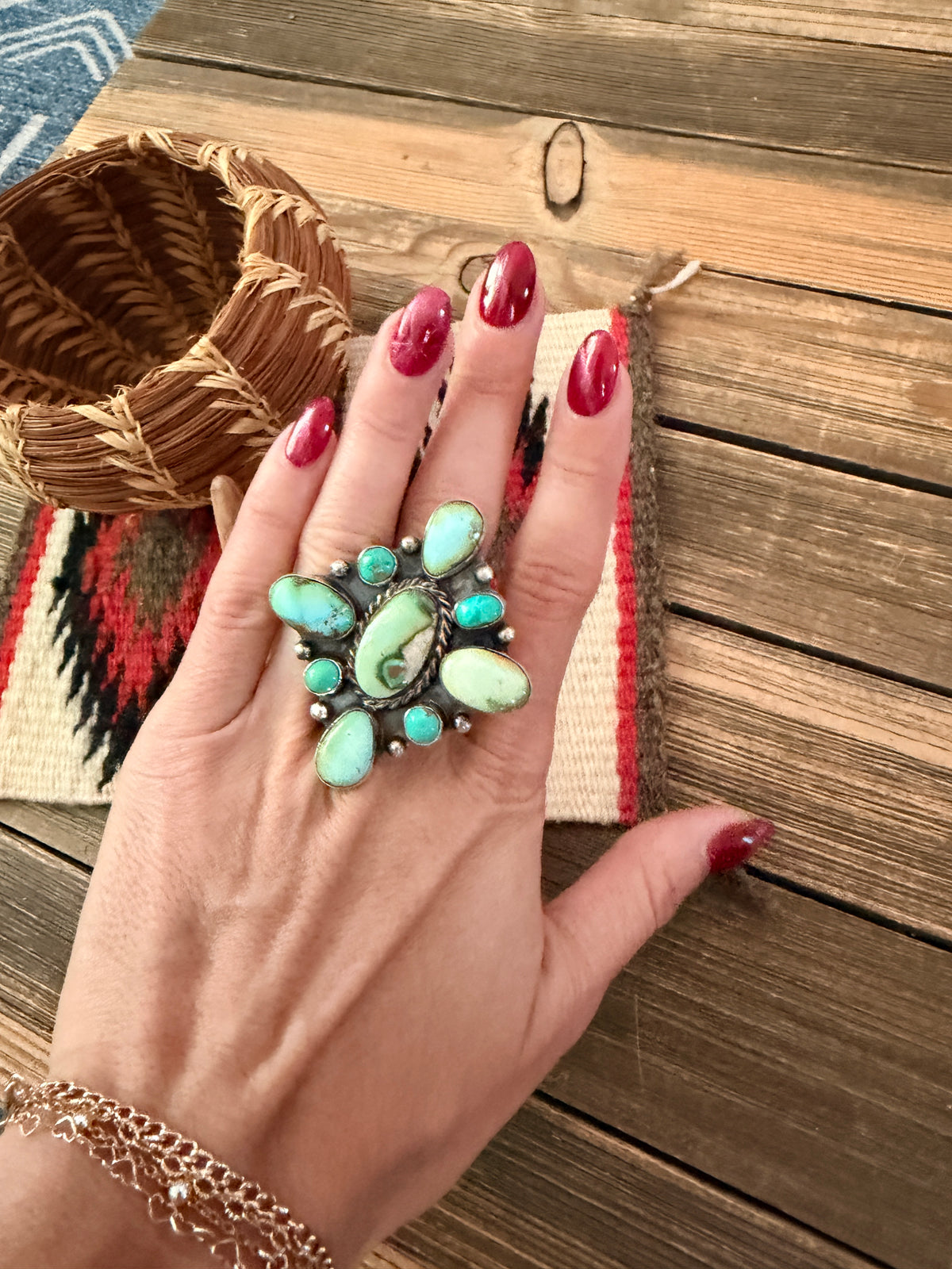 Handcrafted Turquoise & Sterling Silver Cluster Adjustable Ring