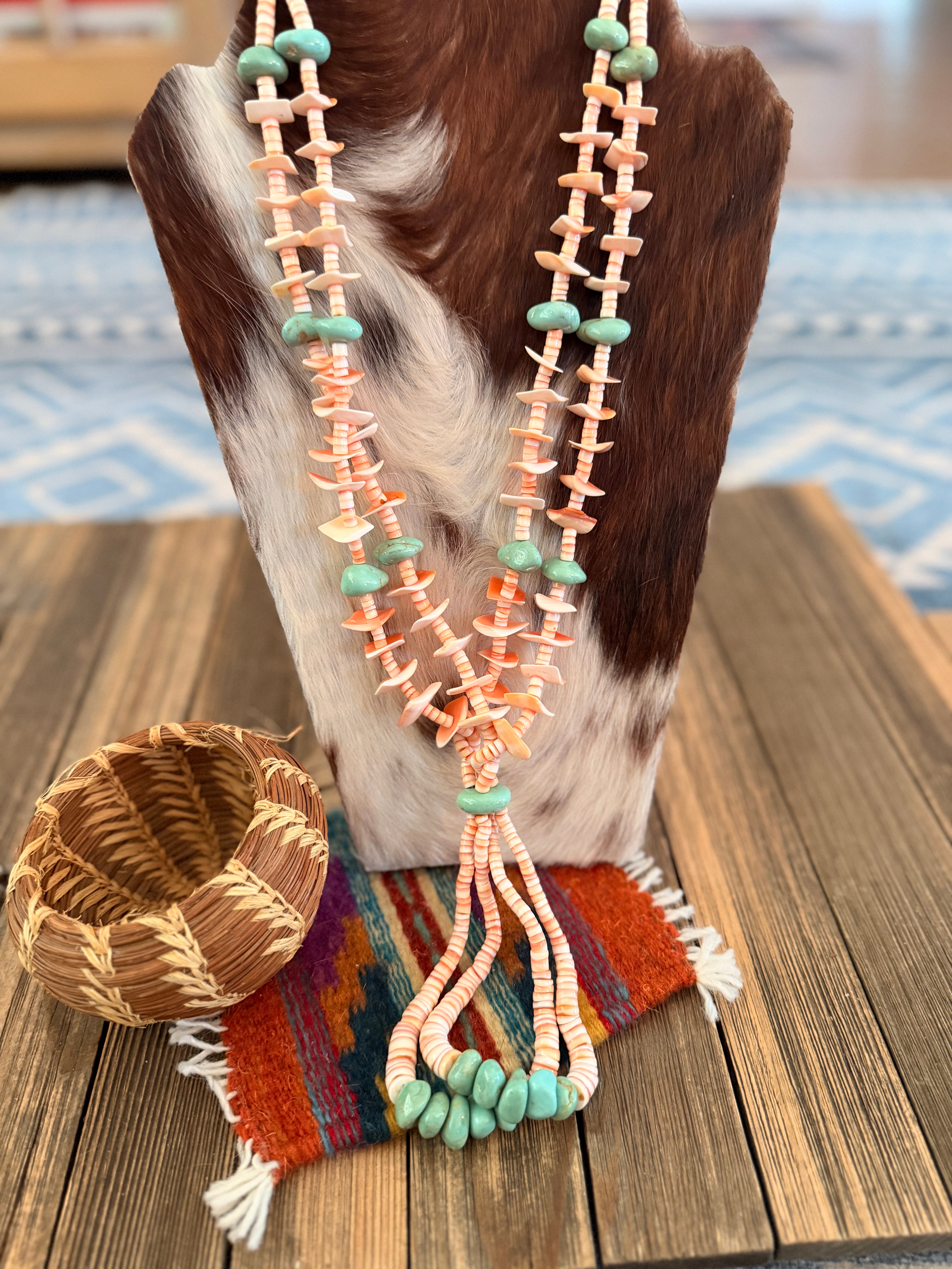 Old Pawn Handcrafted Turquoise & Spiny Oyster Heishi Beaded 28” Jacla Necklace