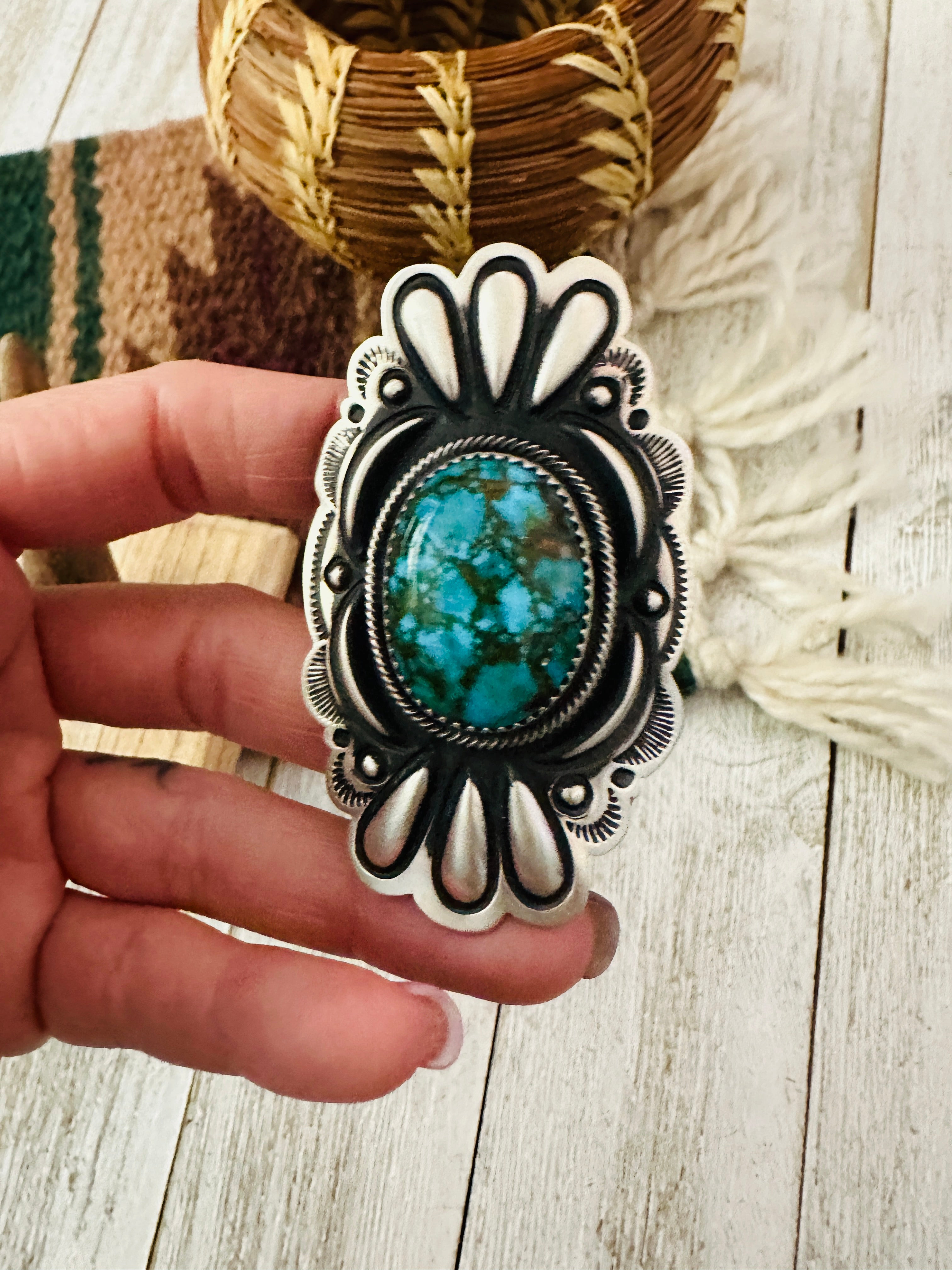 Navajo Turquoise & Sterling Silver Adjustable Concho Ring by Leander Tahe