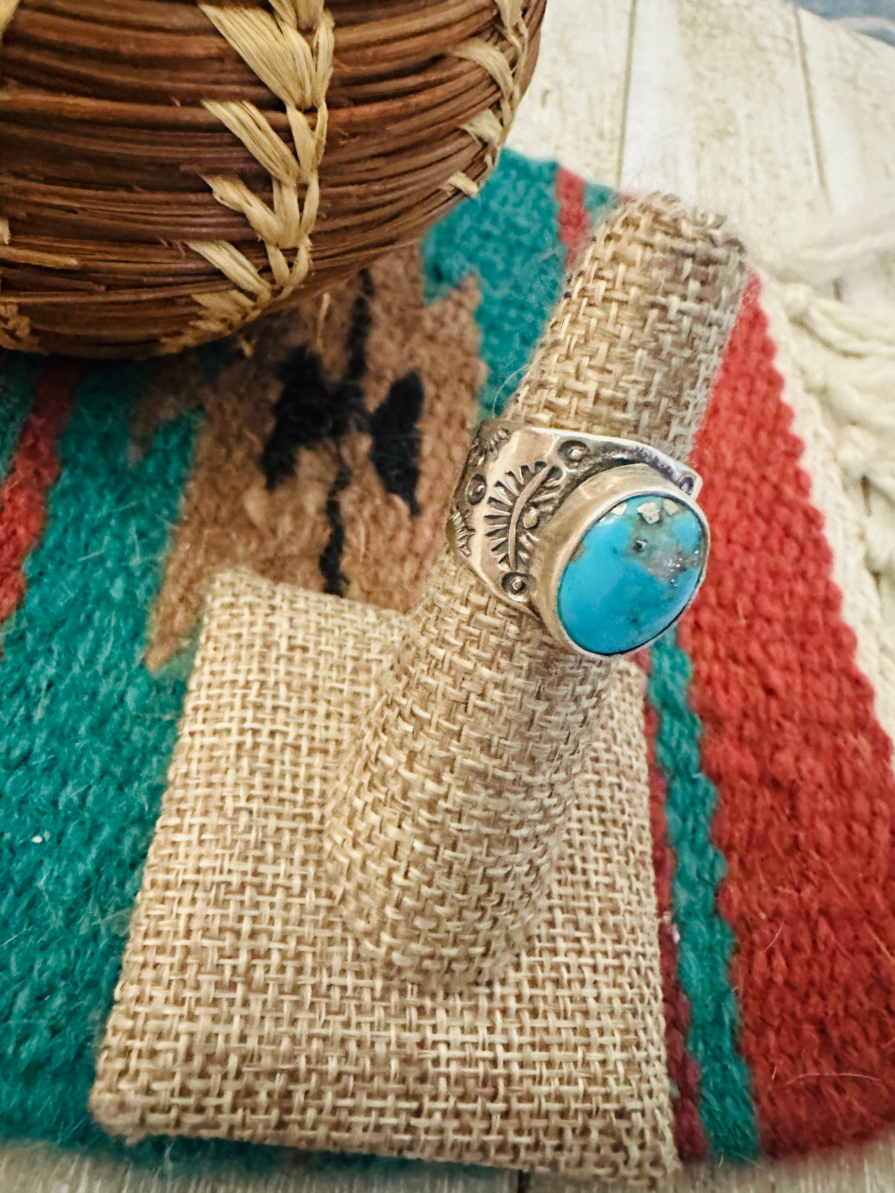 Handcrafted Turquoise & Sterling Silver Cigar Band Ring Size 6