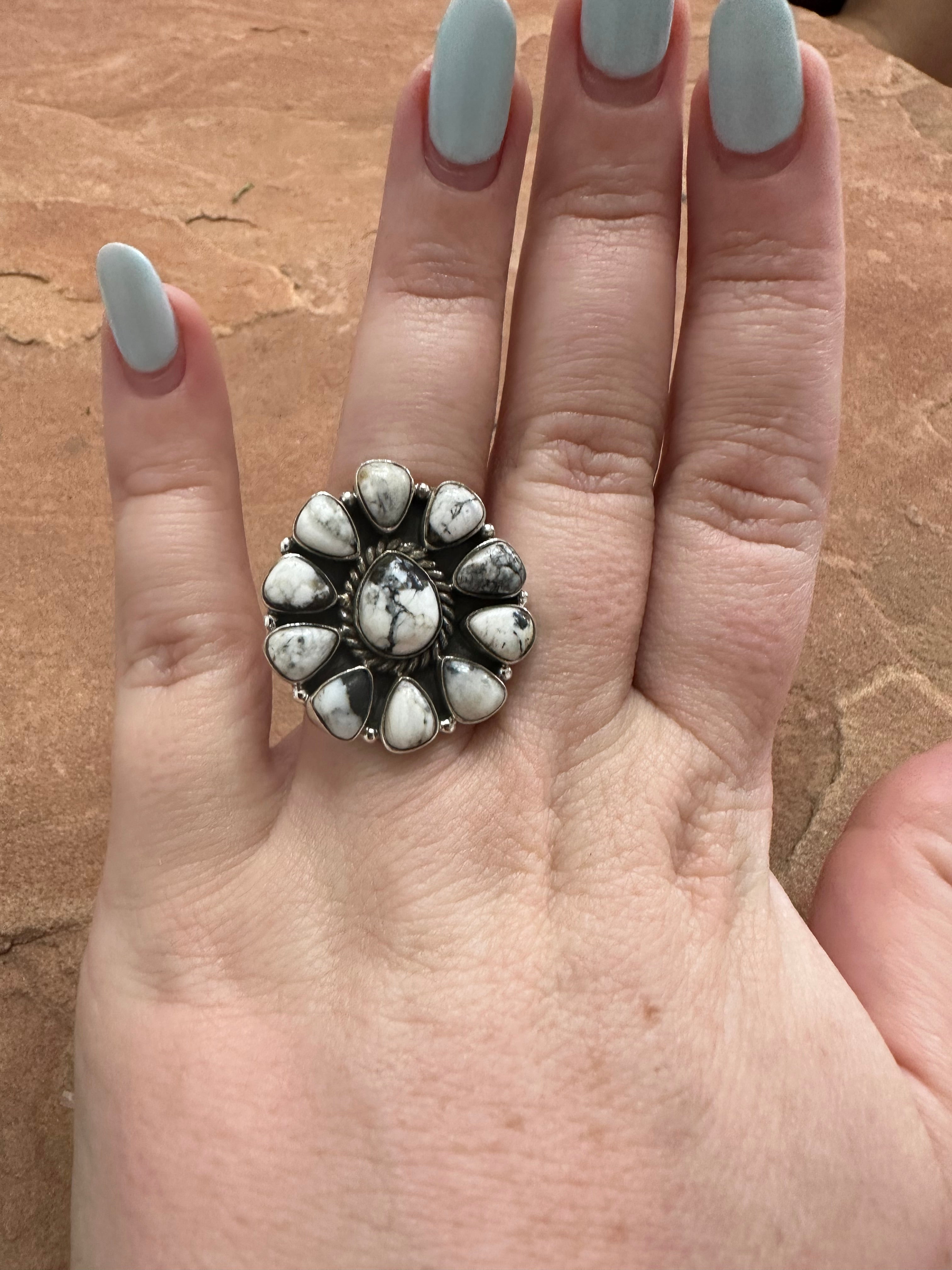 Beautiful Handmade White Buffalo And Sterling Silver Adjustable Ring