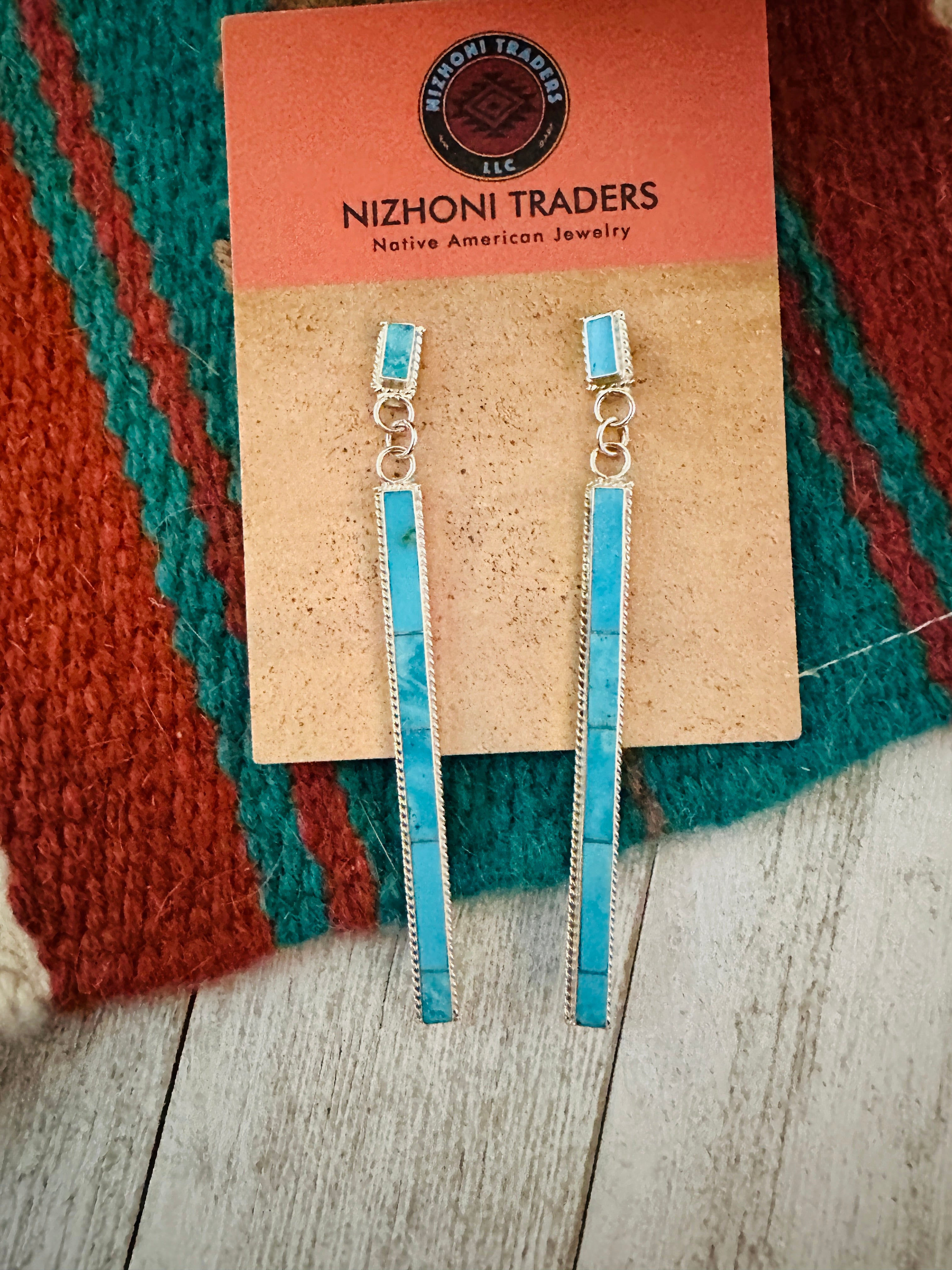 Navajo Turquoise & Sterling Silver Inlay Dangle Earrings