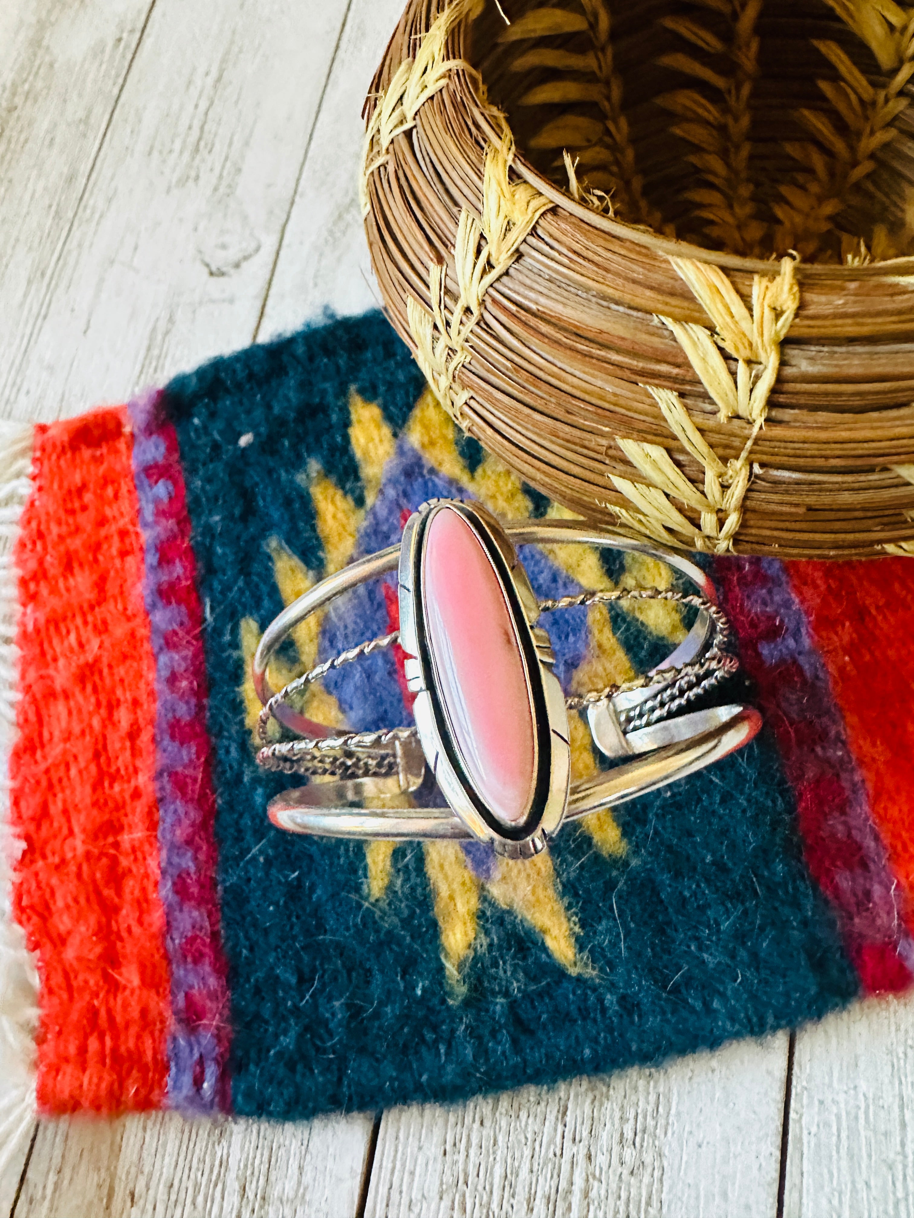 Navajo Queen Pink Conch Shell & Sterling Silver Cuff Bracelet