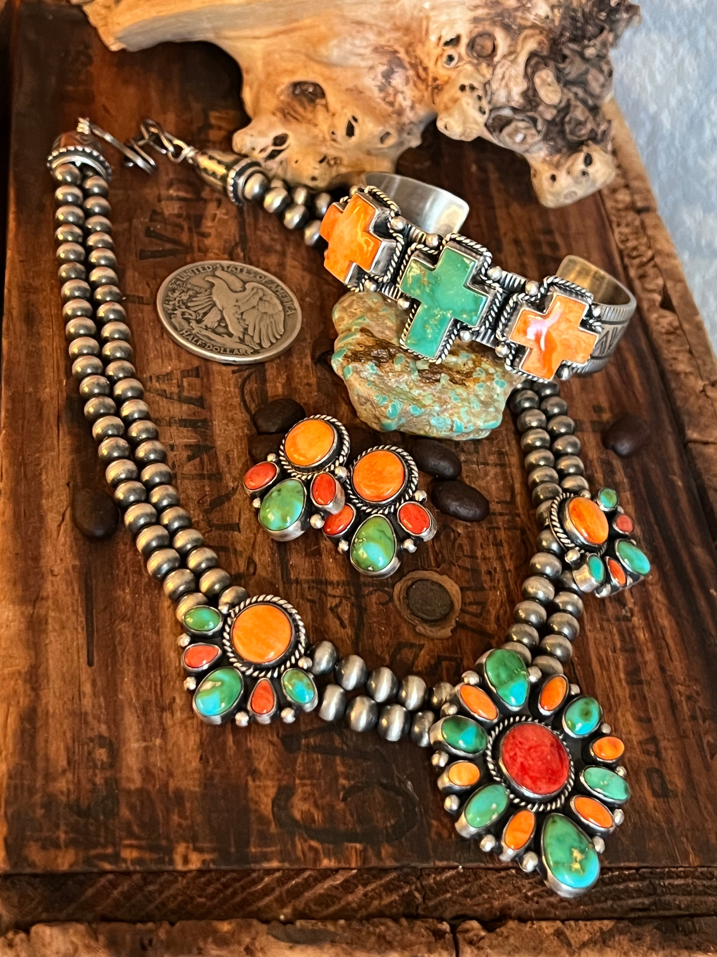 Handcrafted Hand Stamped Sterling Silver, Kingman Turquoise and Spiny Oyster Cross Cuff Bracelet by Bernyse Chavez