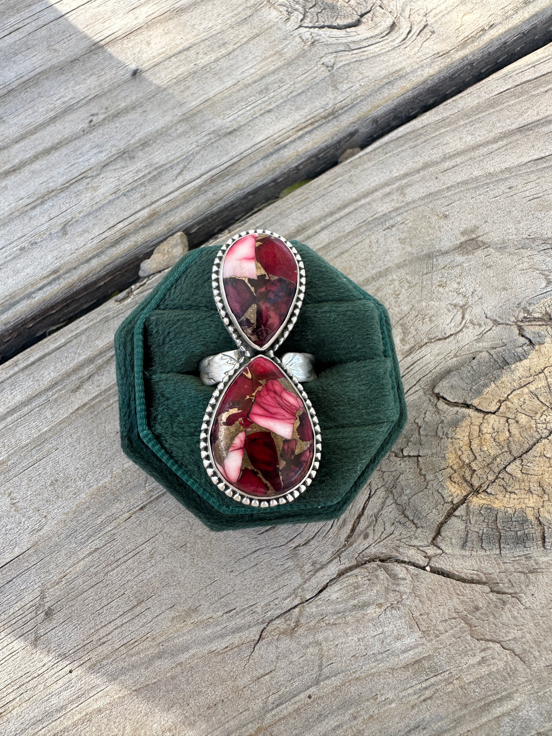 Beautiful Handmade Dahlia Rose And Sterling Silver Adjustable 2 Stone Ring