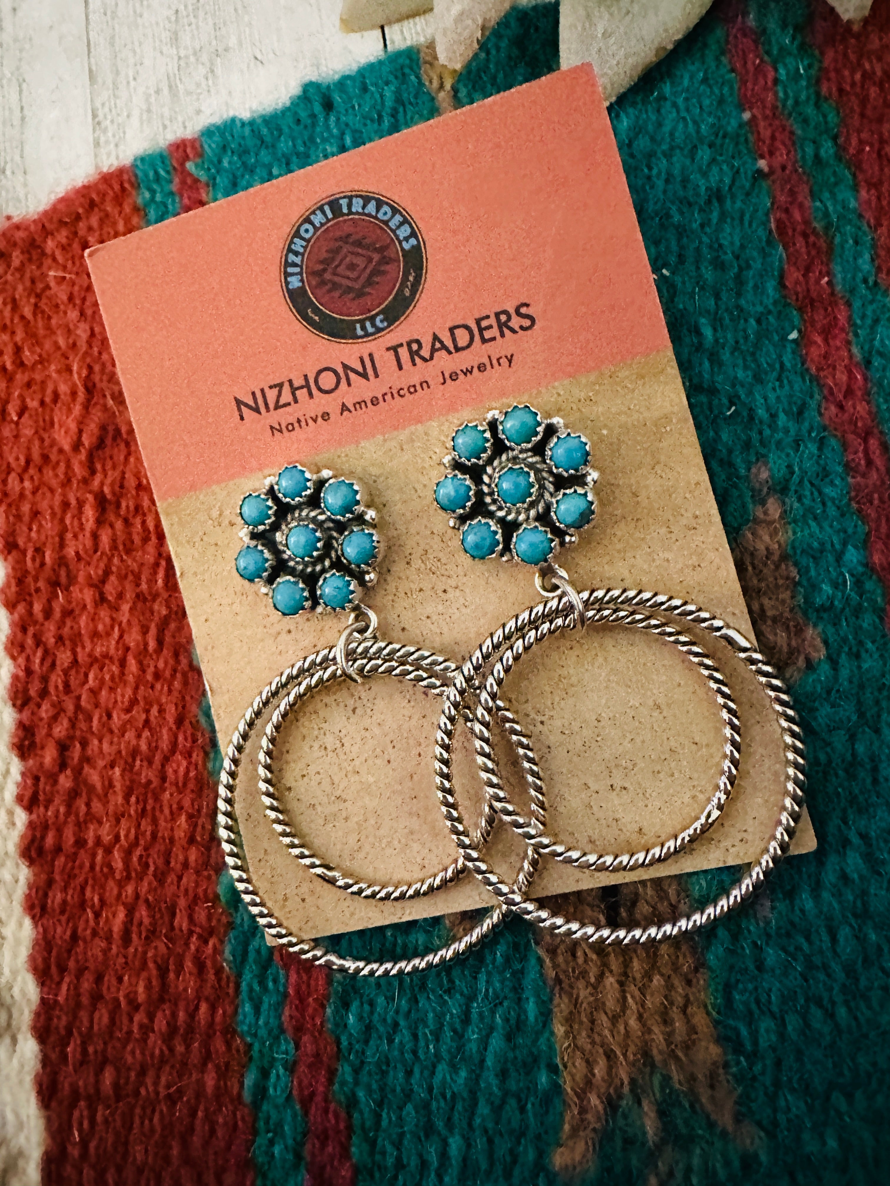 Handmade Turquoise, & Sterling Silver Cluster Circle Dangle Earrings Signed Nizhoni