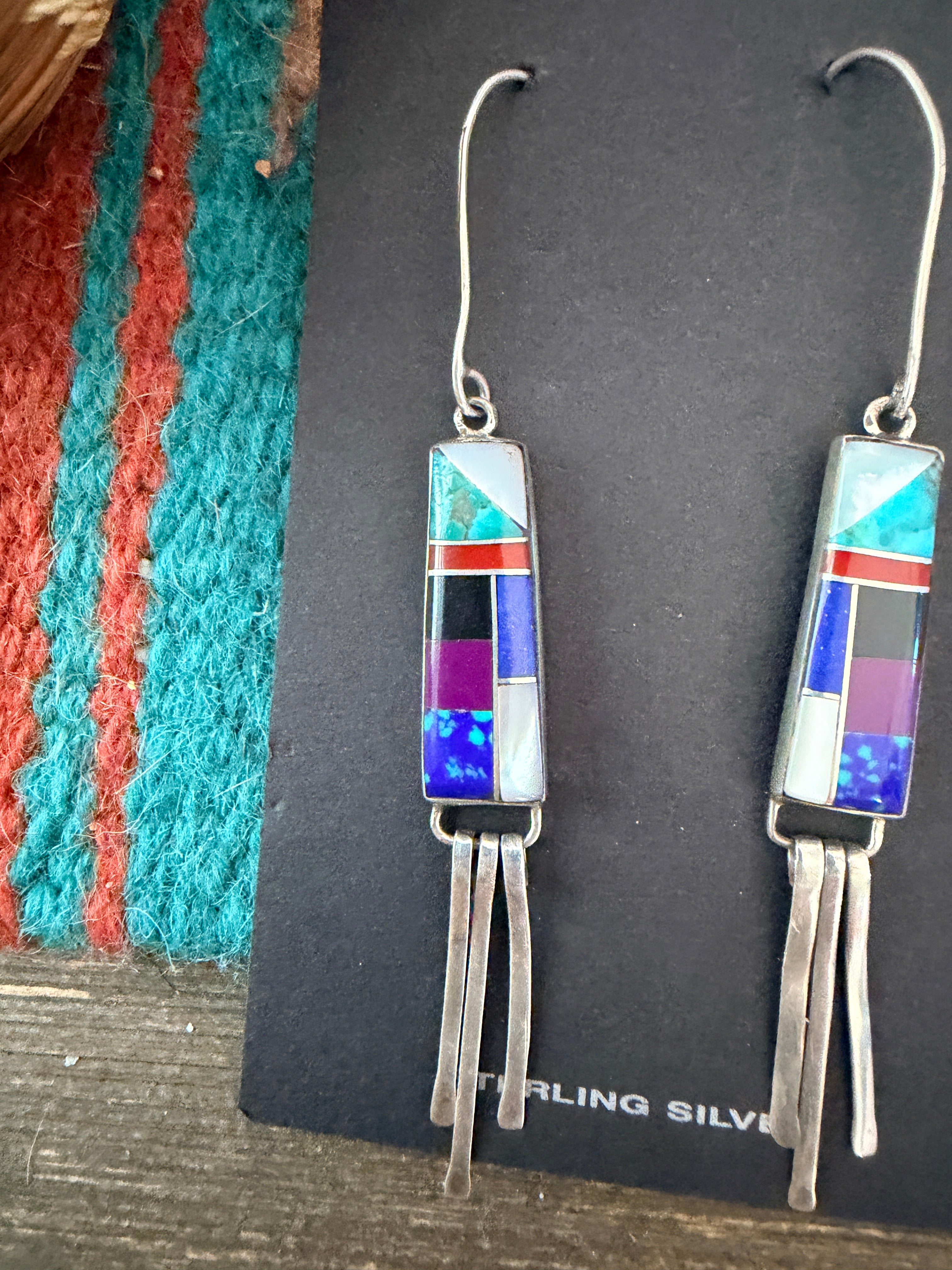 Old Pawn Handcrafted Sterling Silver & Multi Stone Inlay Dangle Earrings