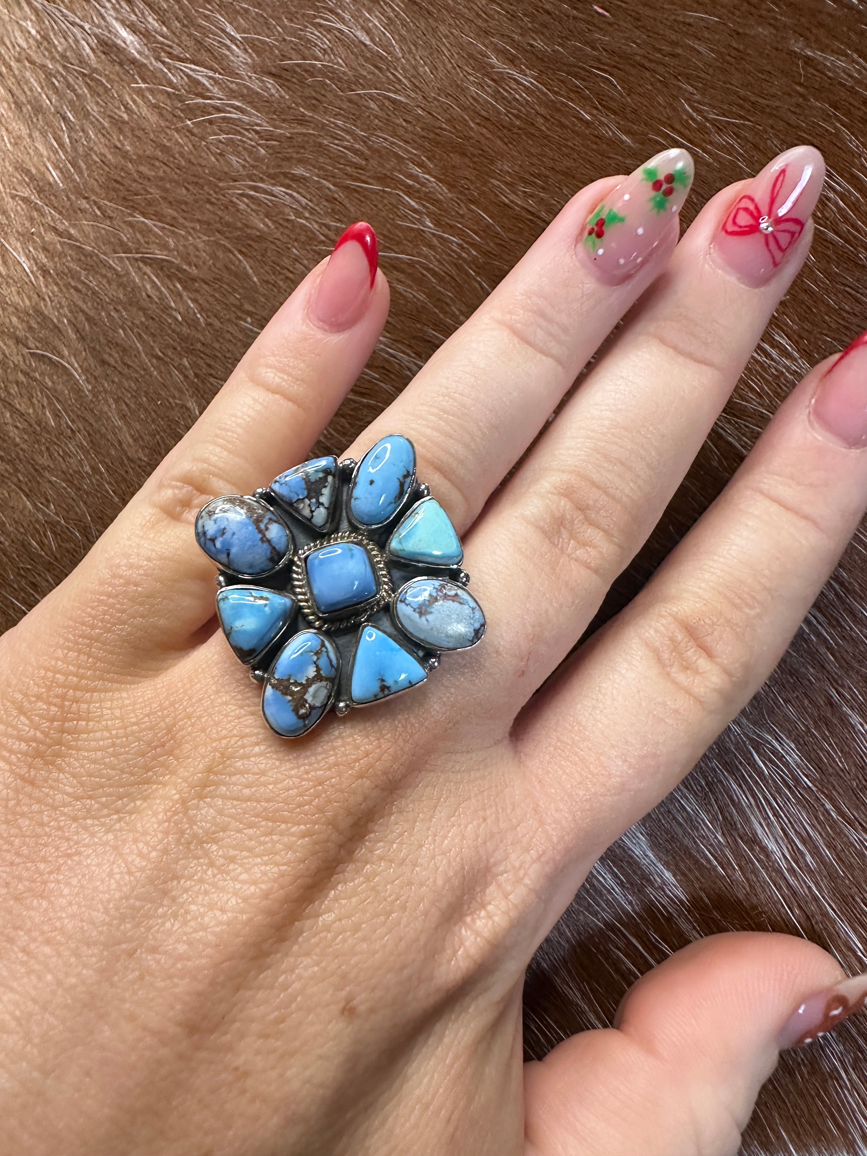 Handmade Golden Hills Turquoise & Sterling Silver Adjustable Cluster Ring