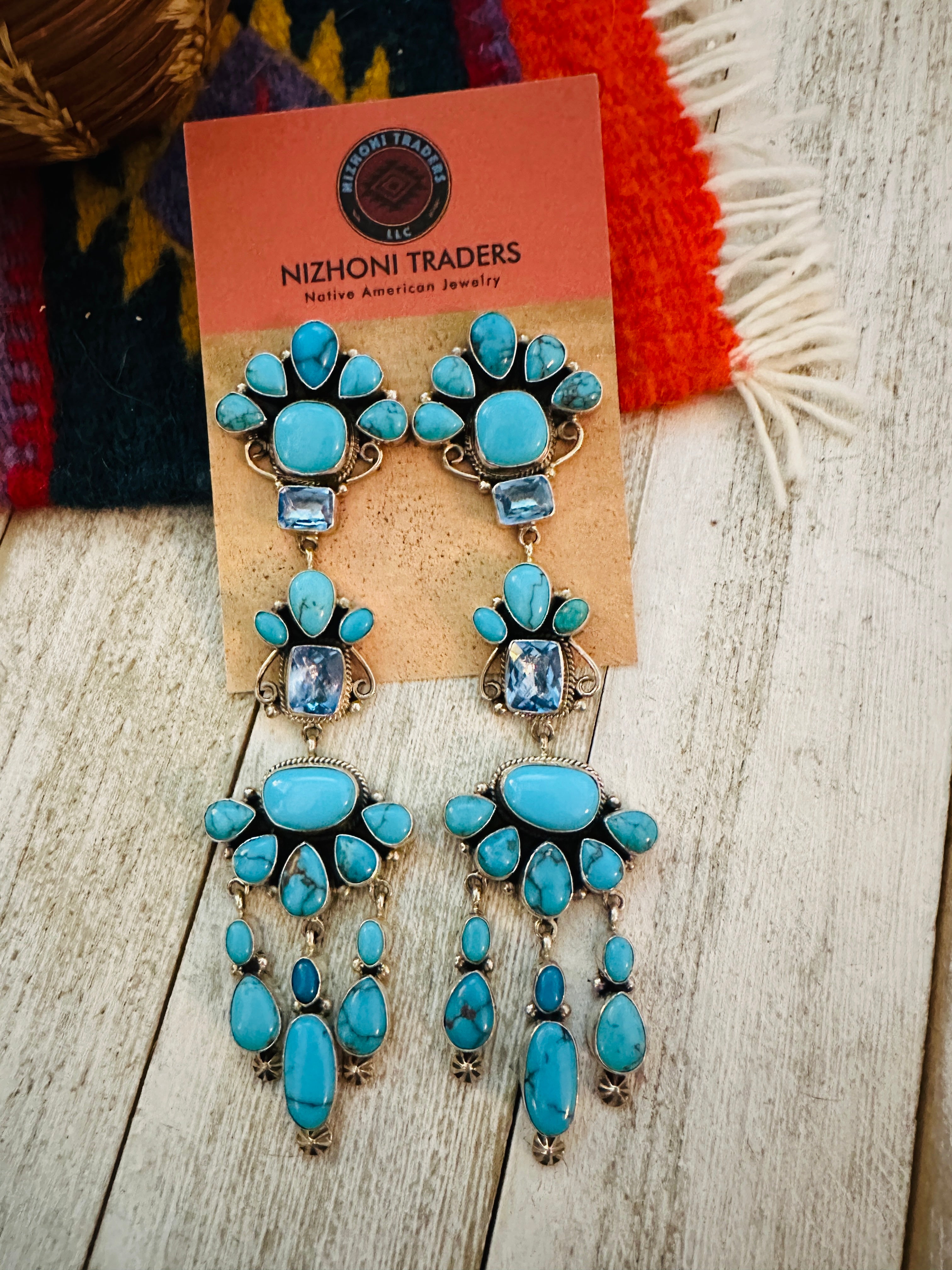 Navajo Turquoise, Topaz & Sterling Silver Chandelier Dangle Earrings