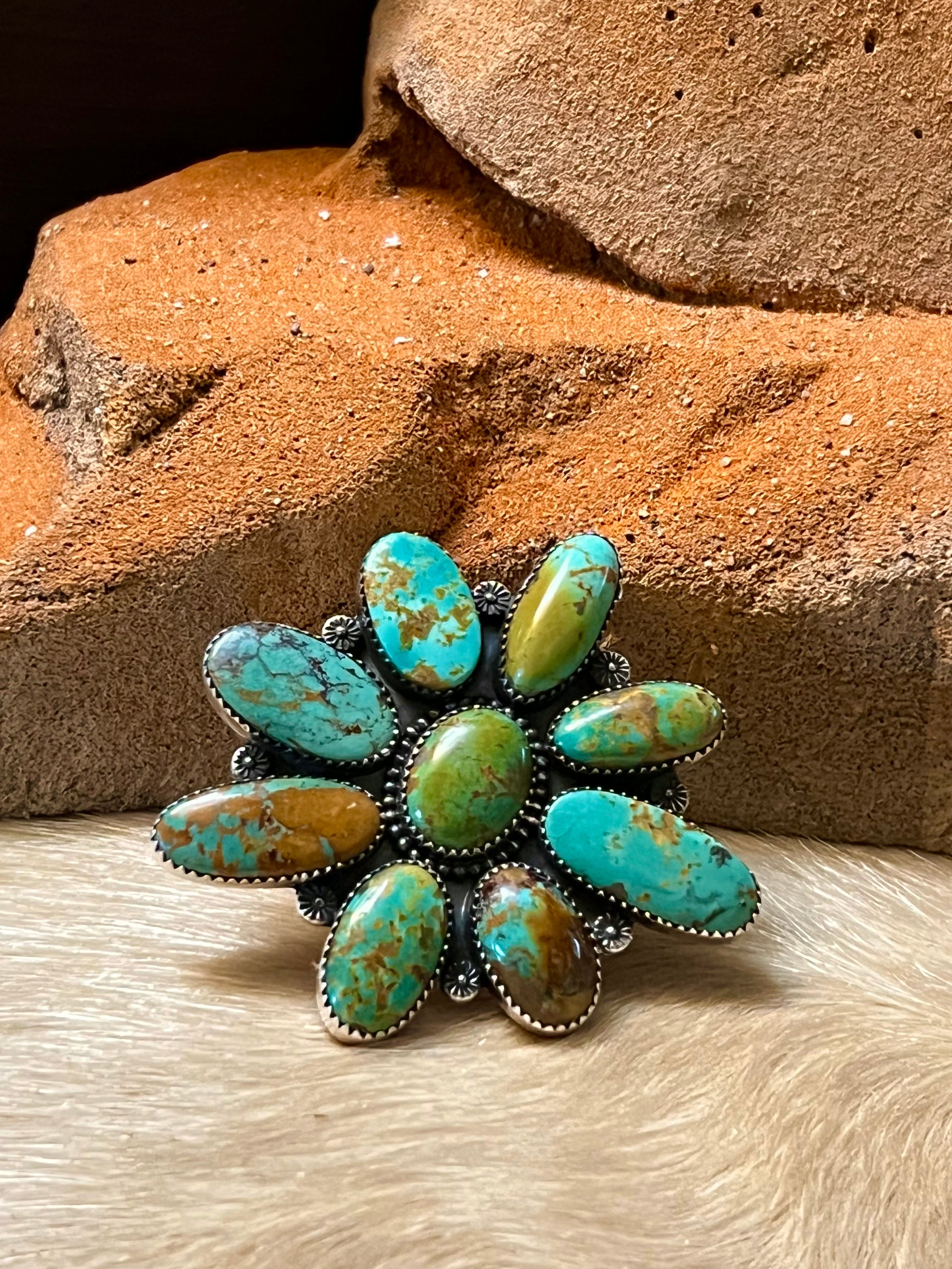 Handmade Sterling Silver & Mantis Turquoise Flower Cluster Adjustable Statement Ring