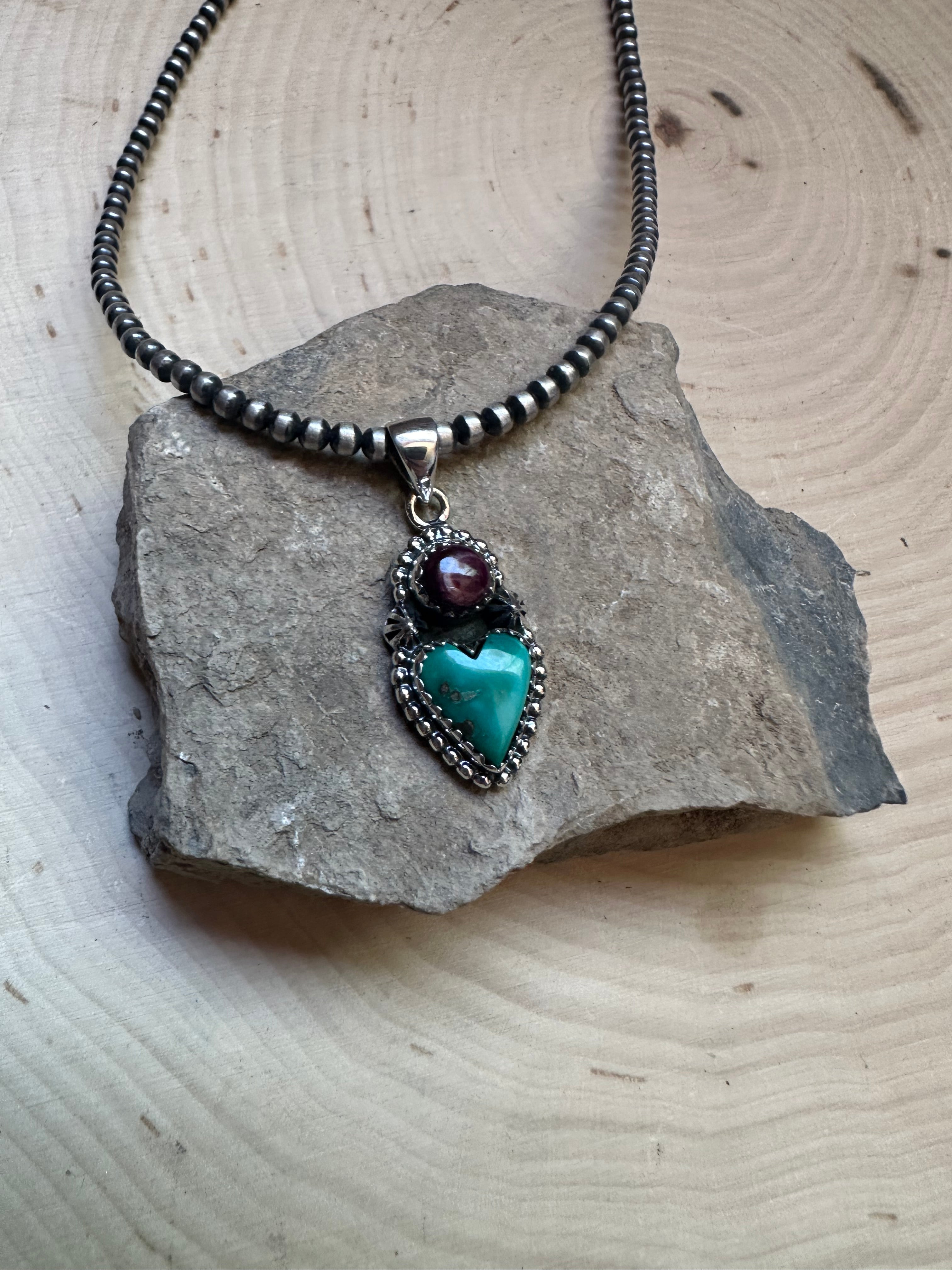 Handmade Purple Spiny, Turquoise & Sterling Silver 2 Stone Heart Pendant Signed Nizhoni