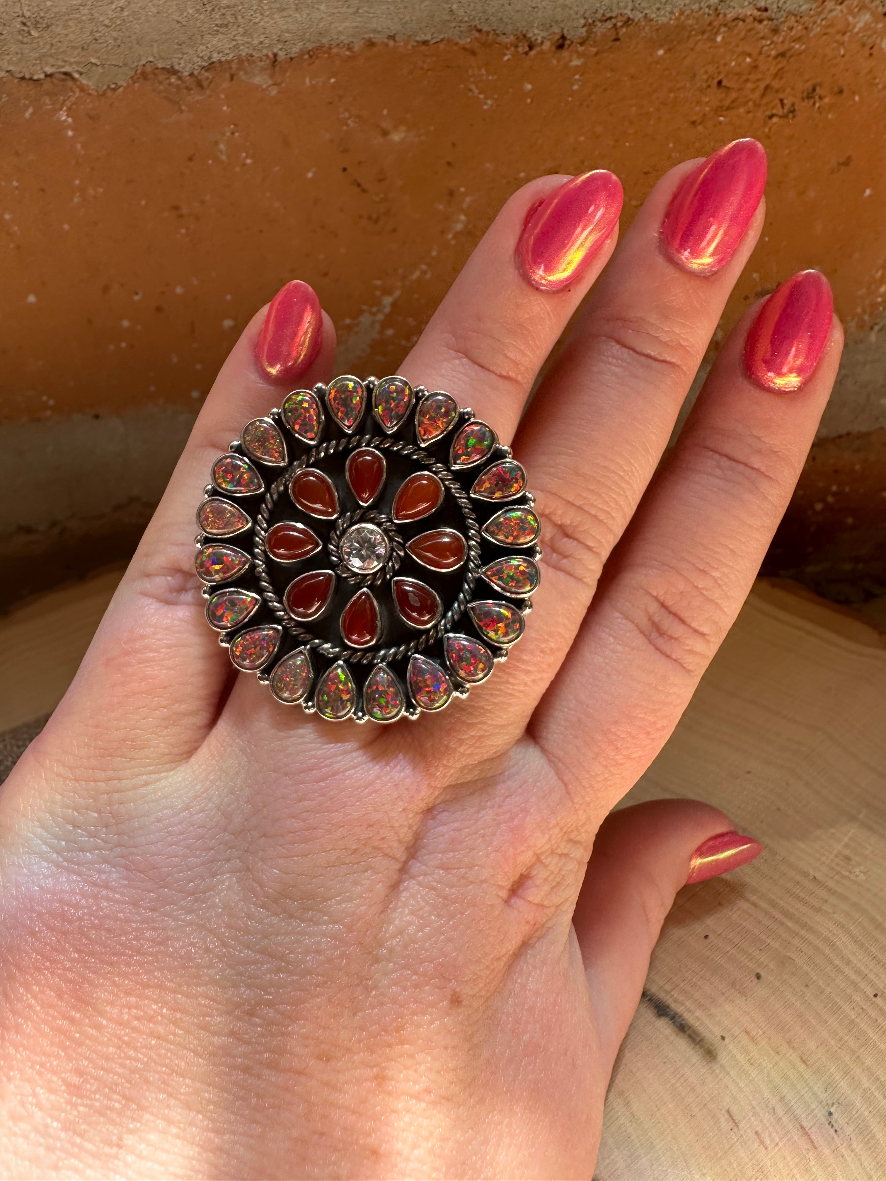 Handmade Amber, Fire Opal, CZ & Sterling Silver Adjustable Ring Signed Nizhoni