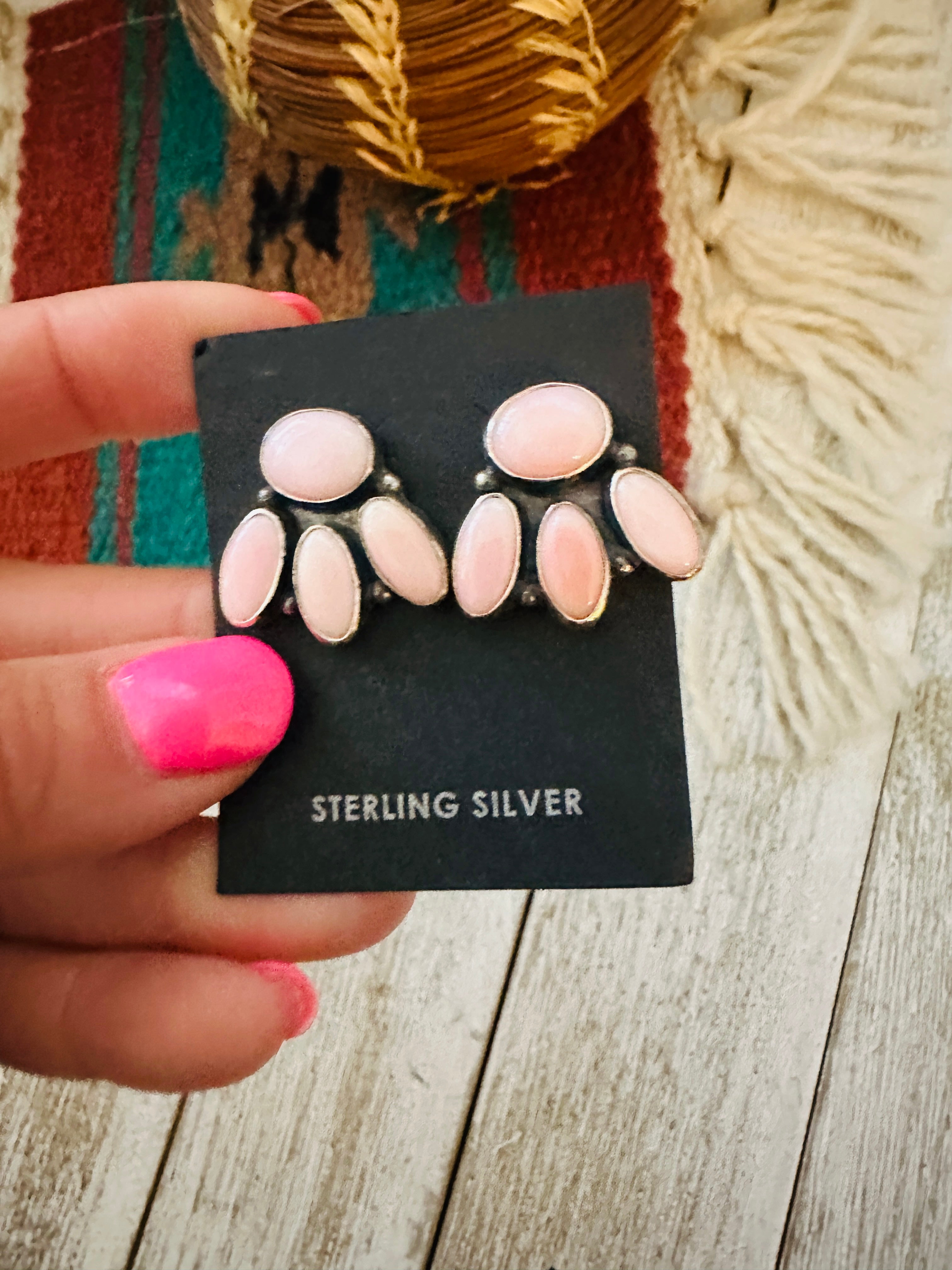 Handcrafted Sterling Silver & Queen Pink Conch Cluster Post Earrings