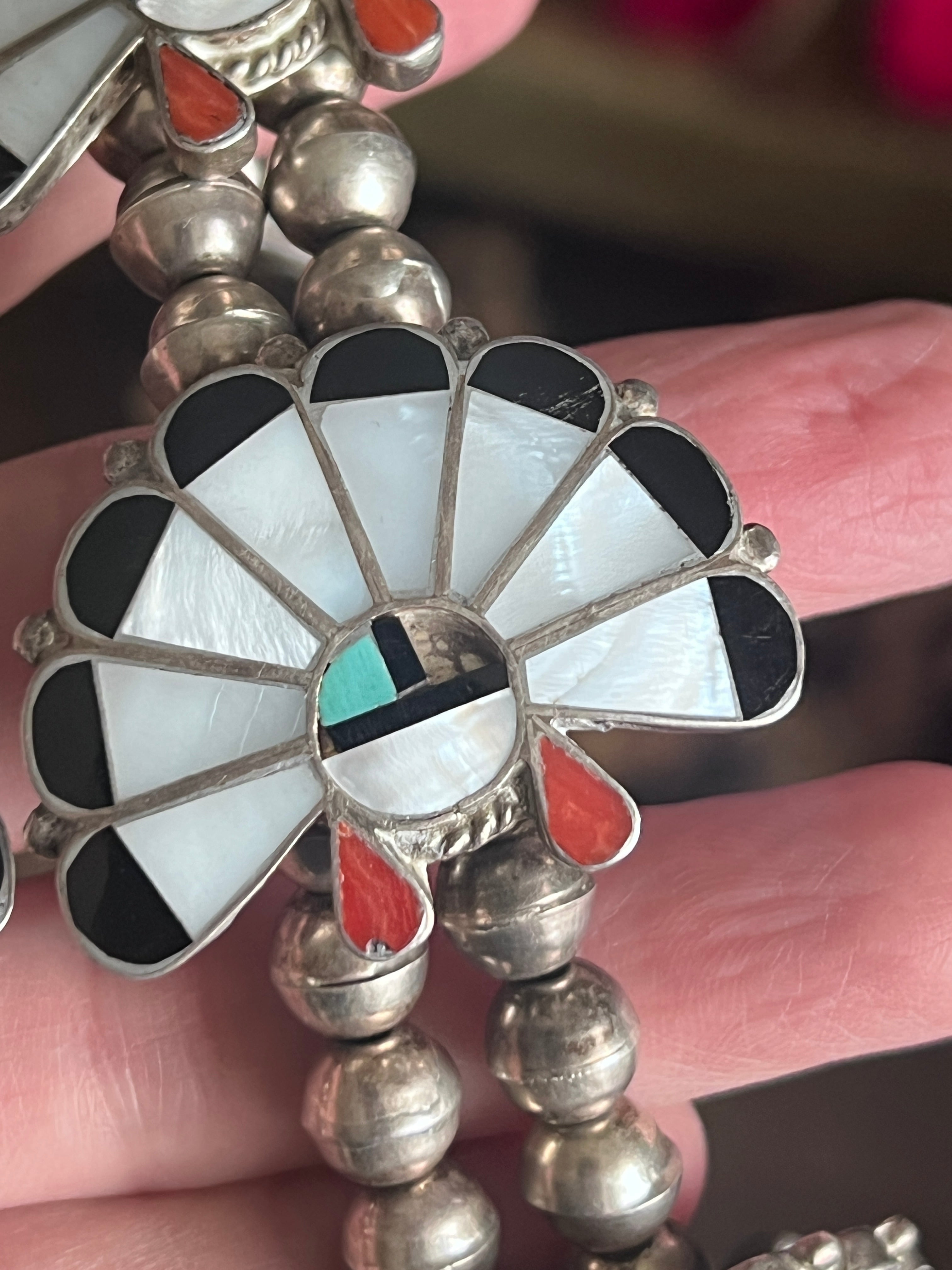 Vintage Old Pawn Sunface Multi Stone & Sterling Silver Beaded Squash B