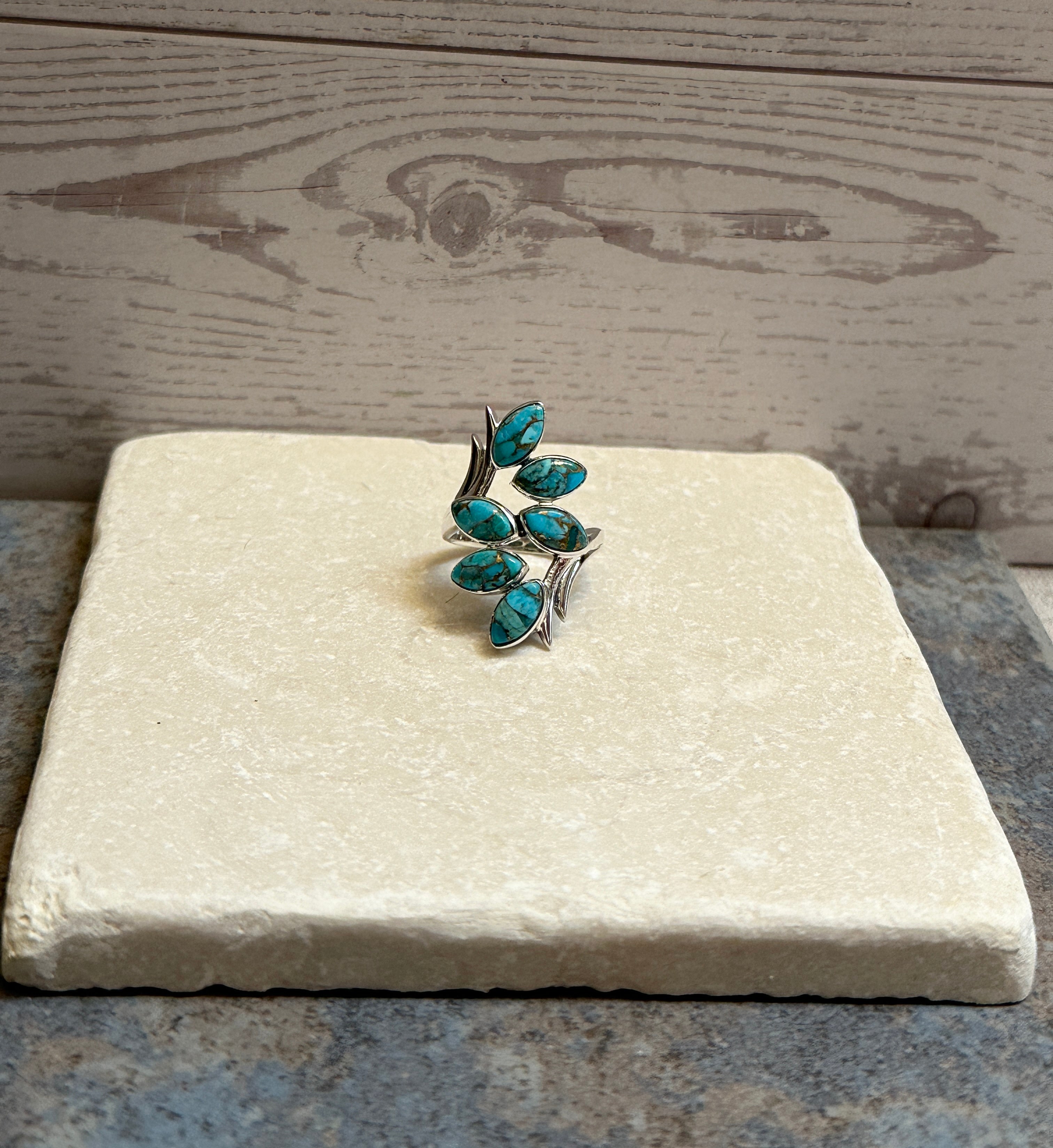Sterling Silver Six Leaf Copper Turquoise Ring Size 6.5
