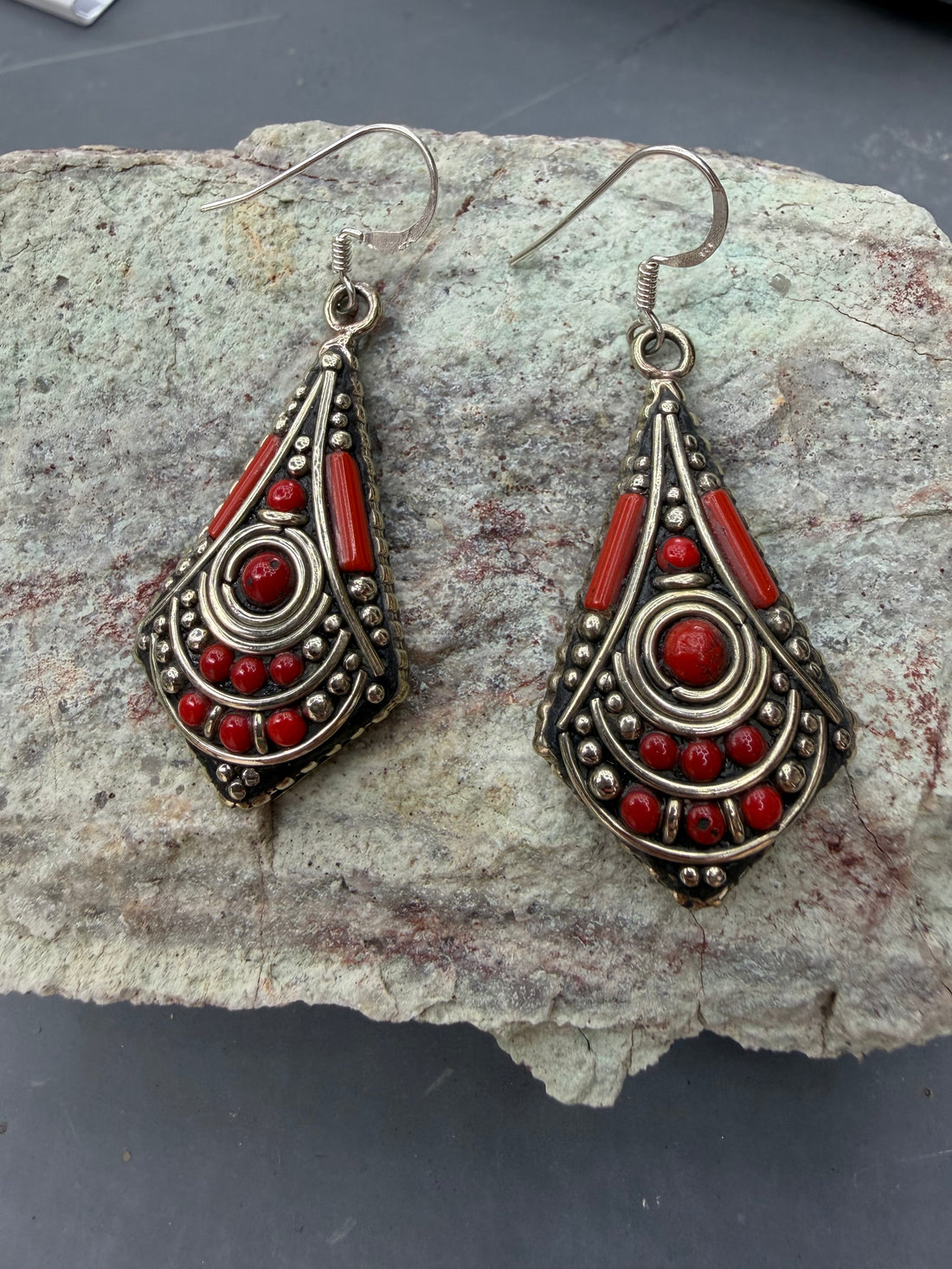 Red Coral & Silver Tribal Drop Earrings – Boho Statement Dangles