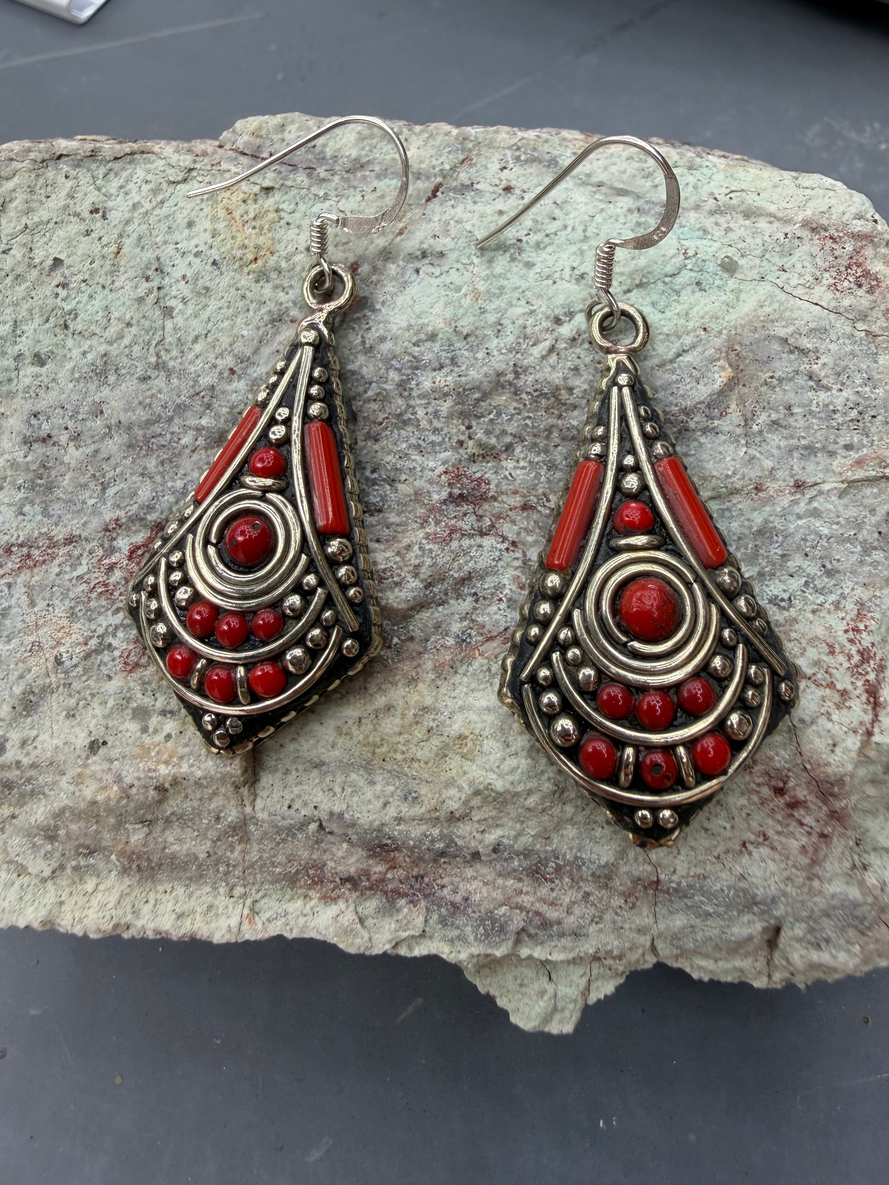 Red Coral & Silver Tribal Drop Earrings – Boho Statement Dangles