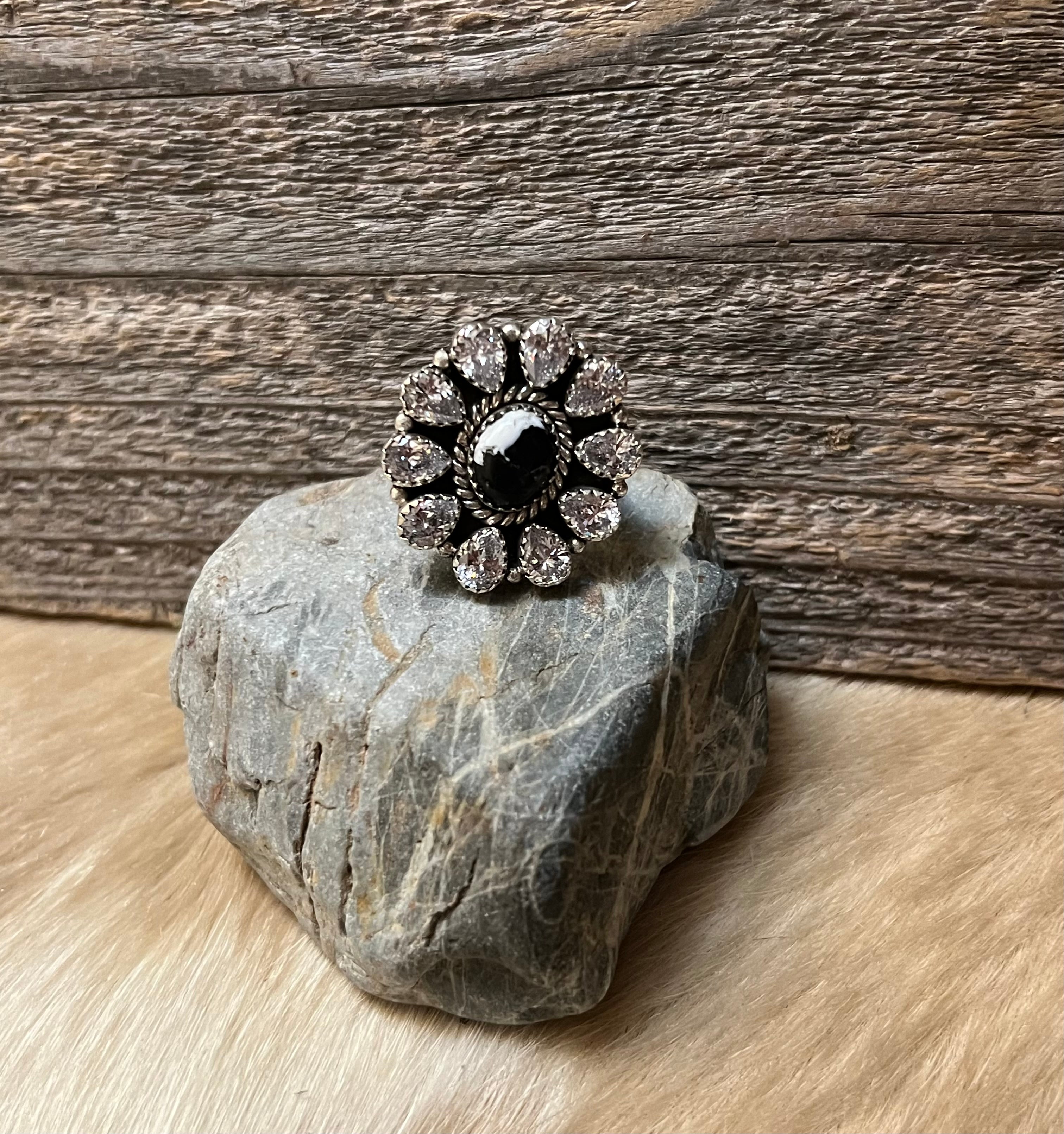 Handmade White Buffalo & CZ Sterling Silver Adjustable Ring