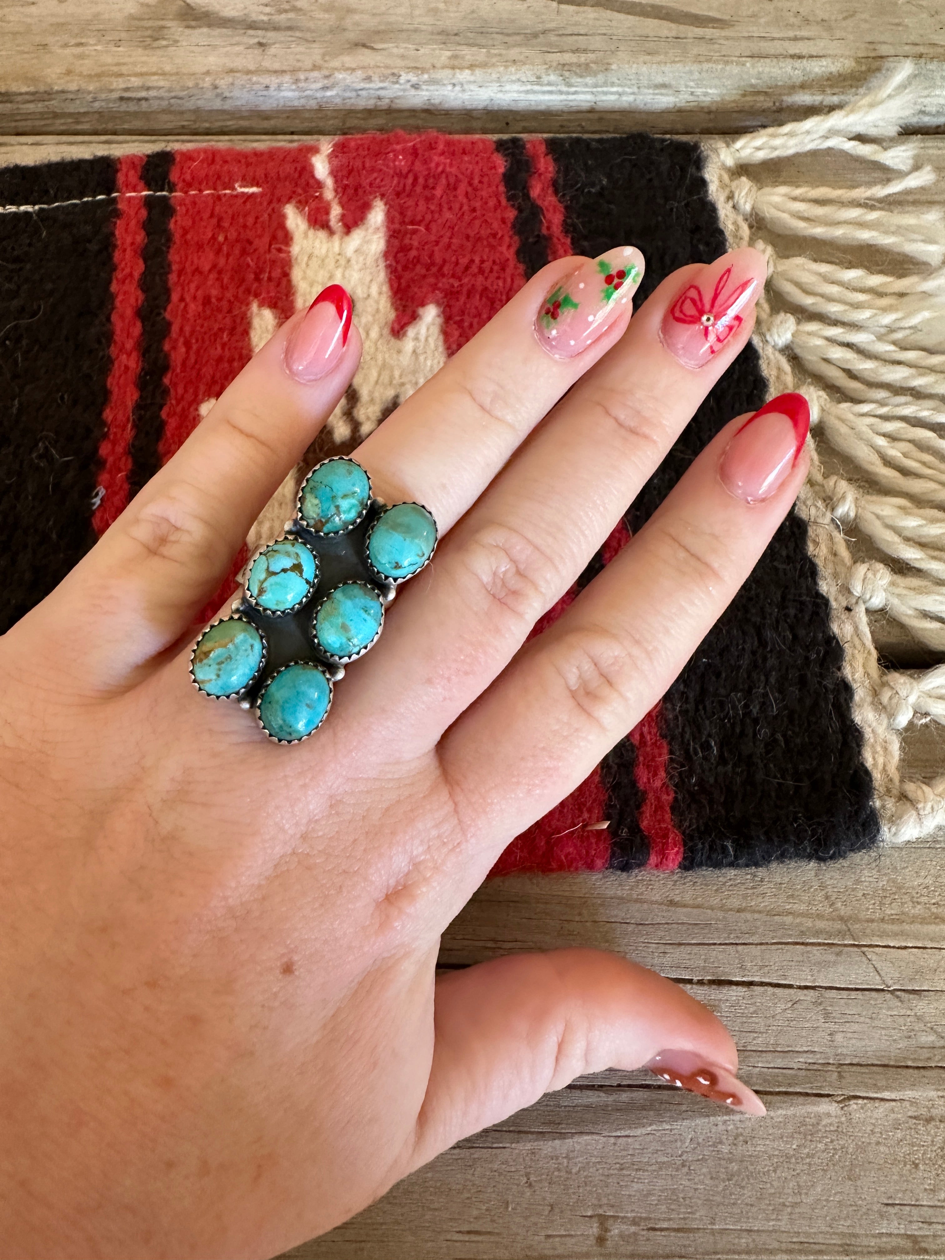 Beautiful Handmade Turquoise And Sterling Silver Adjustable 6 Stone Ring