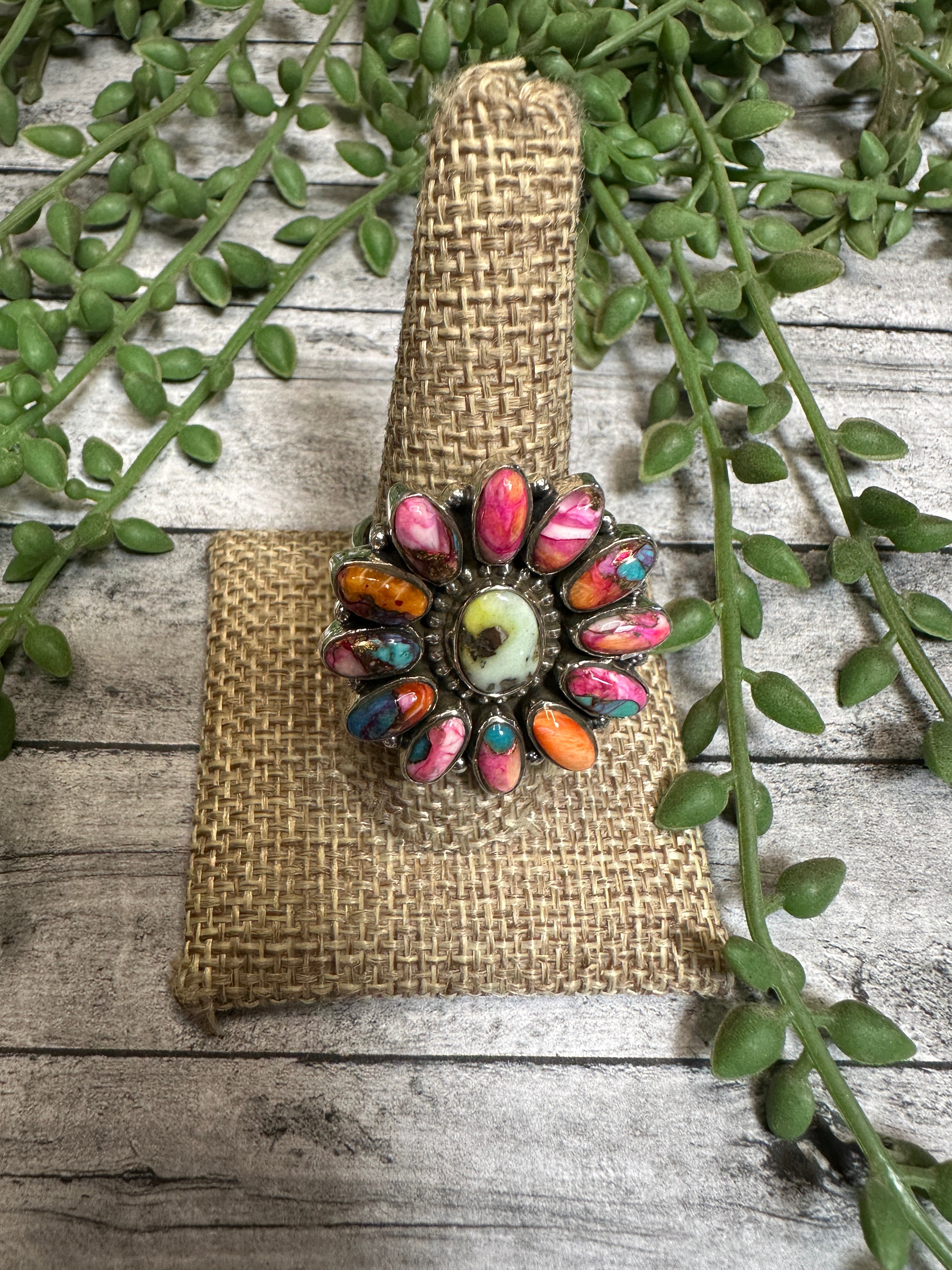 Beautiful Handmade Pink Dream Mojave & Palomino Turquoise And Sterling Silver Adjustable Cluster Ring