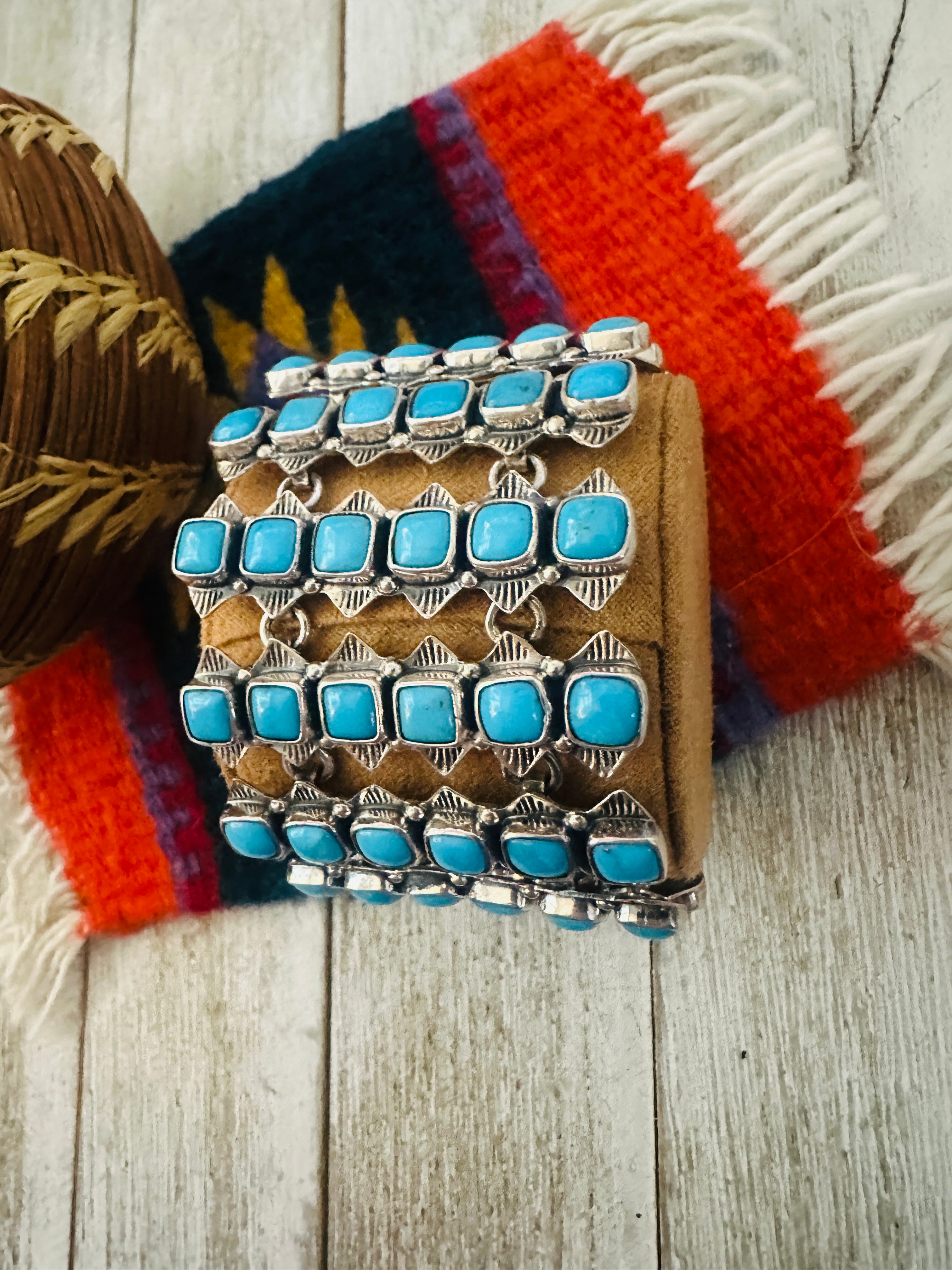 Handcrafted Sterling Silver and Turquoise Link Bracelet by Federico Jimenez