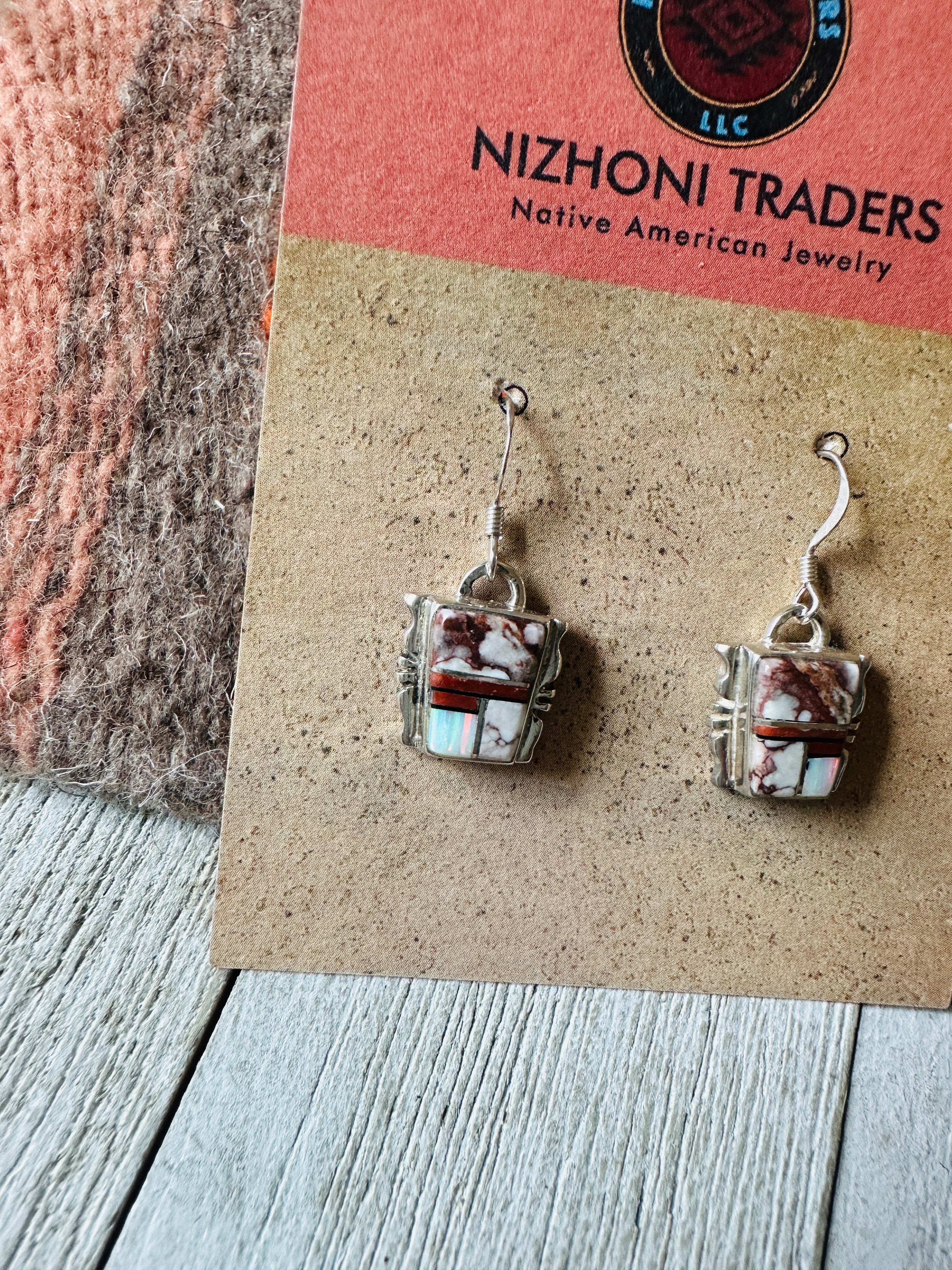 Navajo Sterling Silver & Multi Stone Inlay Dangle Earrings