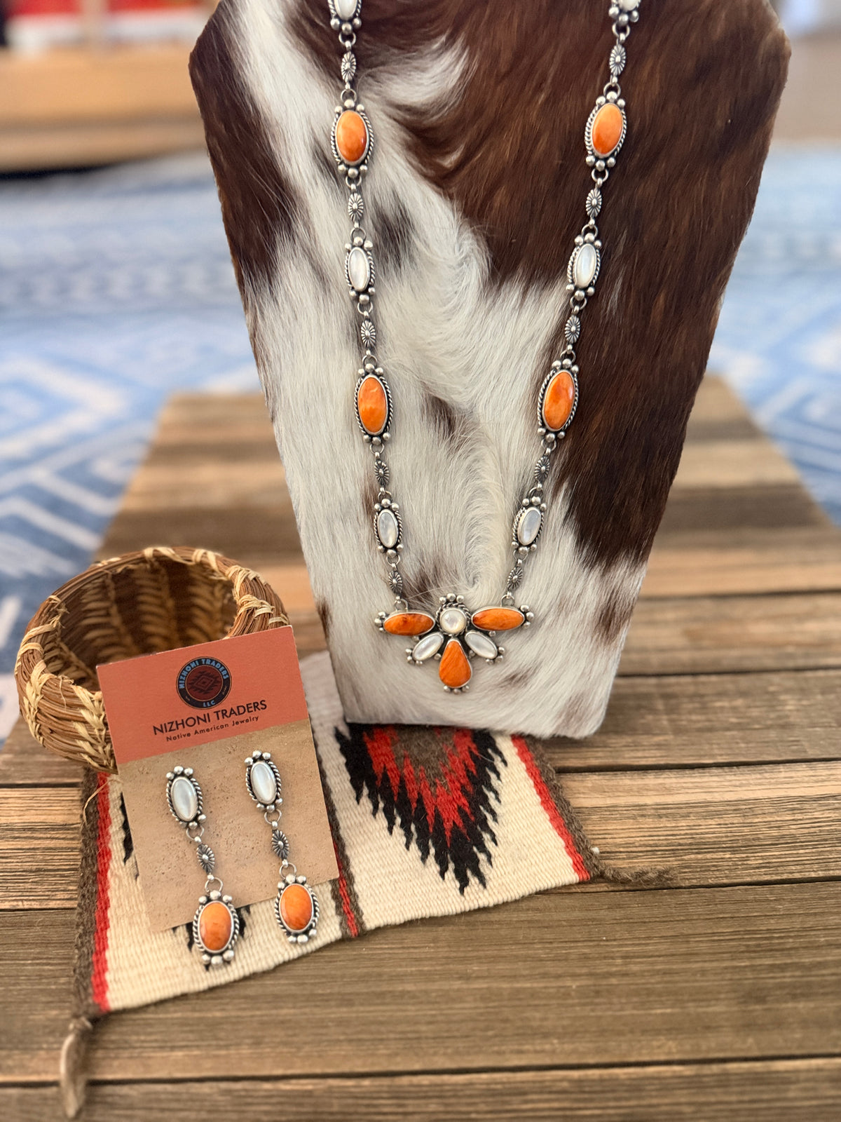 Handcrafted Spiny Oyster, Mother of Pearl & Sterling Silver Cluster Necklace and Earring Set by Fred Francis