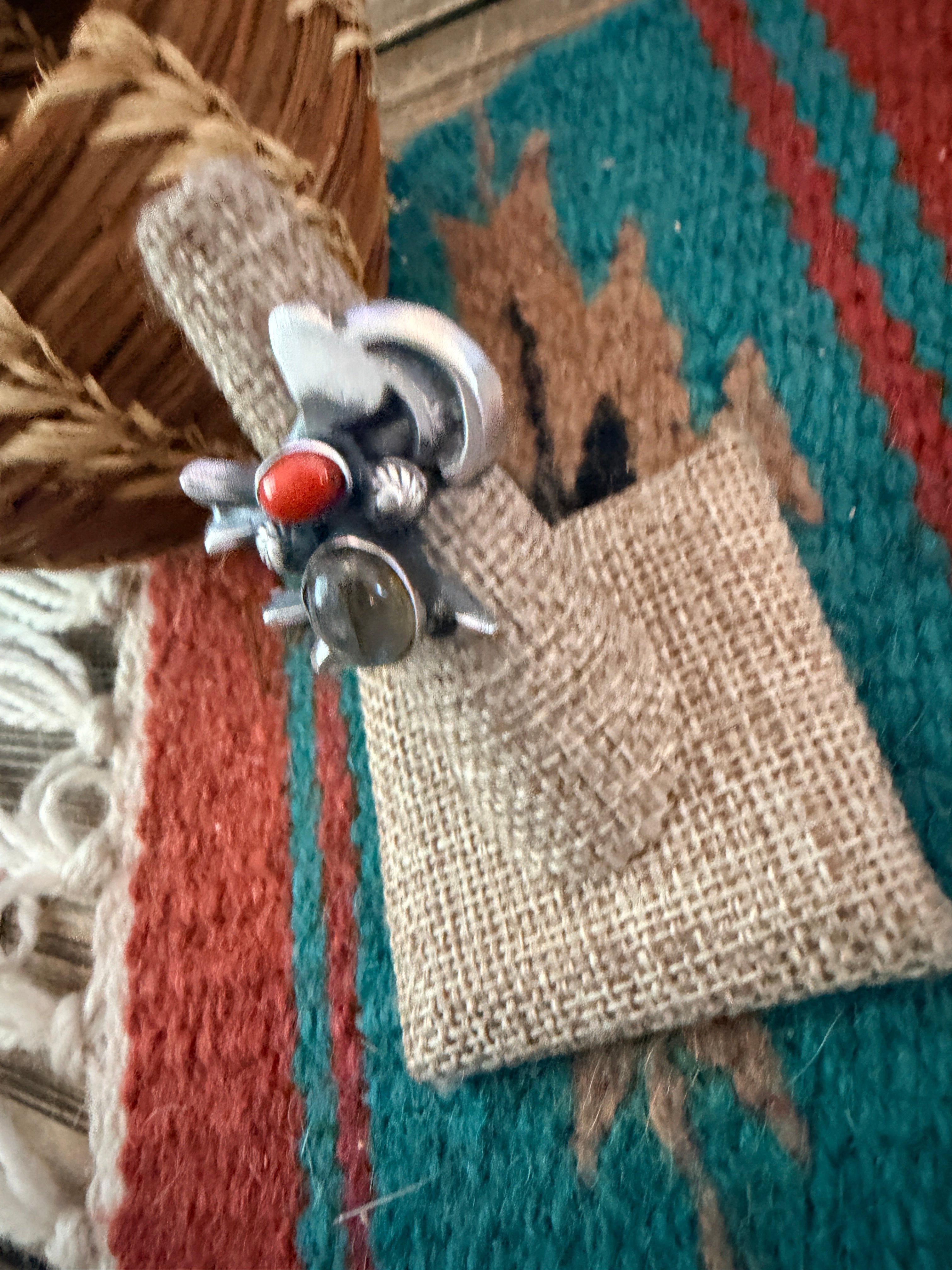 Handcrafted Coral, Moonstone and Sterling Silver Goat Ring size 6 by Chimney Butte