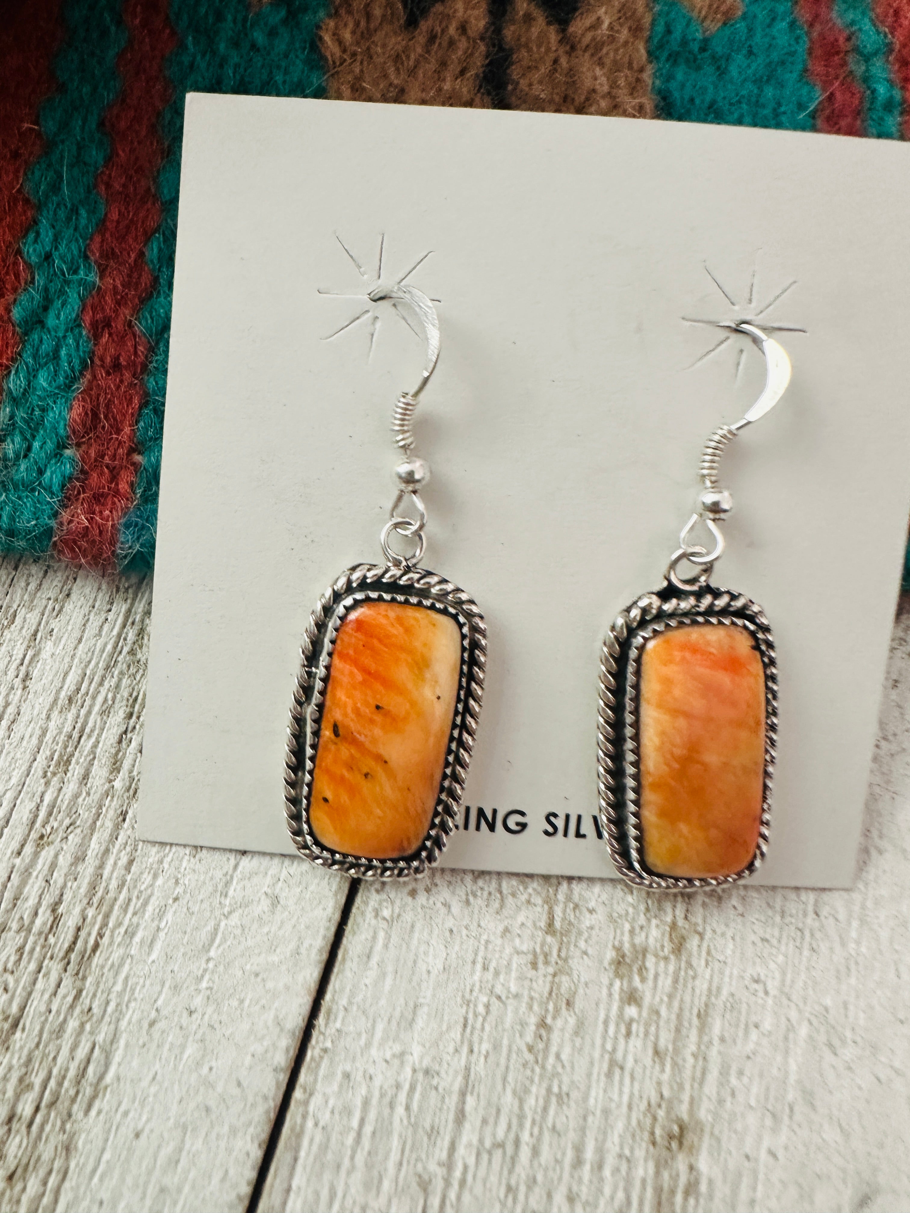 Navajo Orange Spiny and Sterling Silver Dangle Earrings