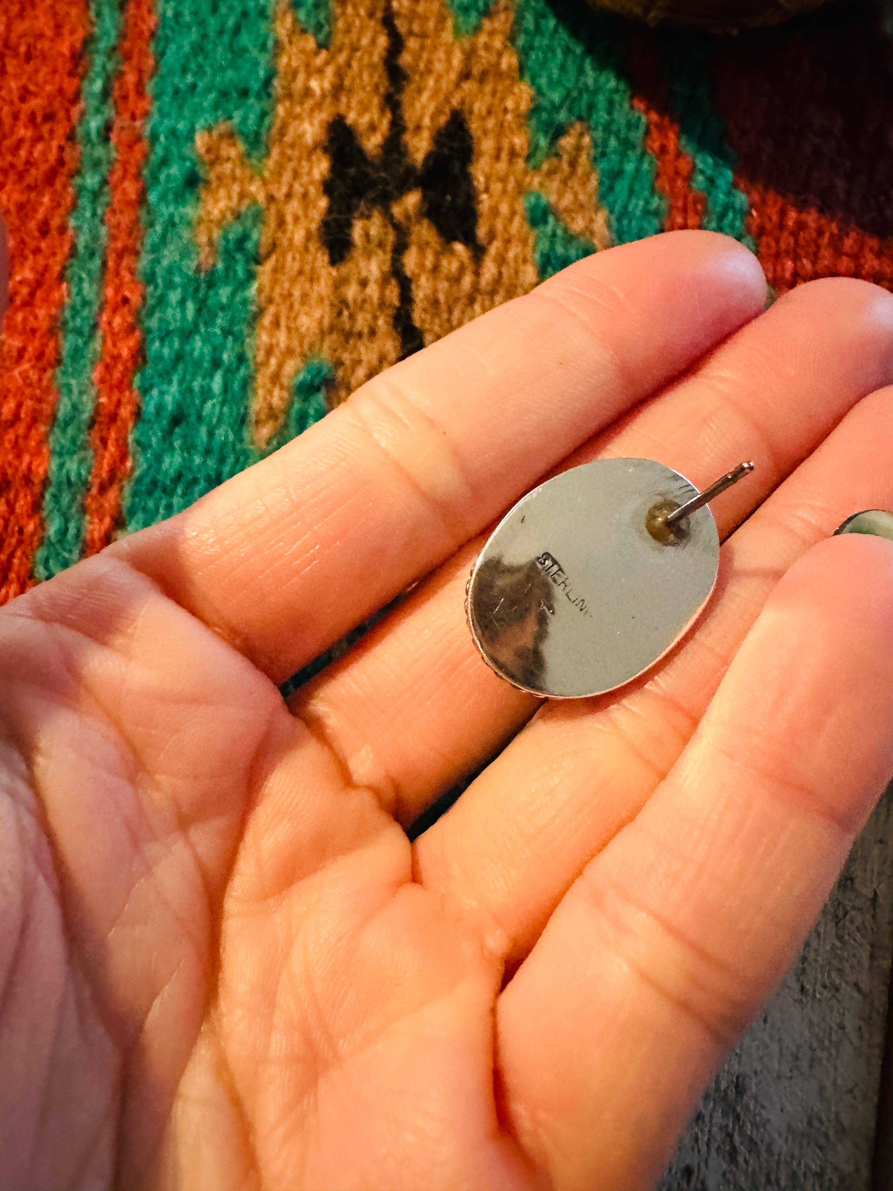 Navajo White Buffalo and Sterling Silver Oval Post Earrings