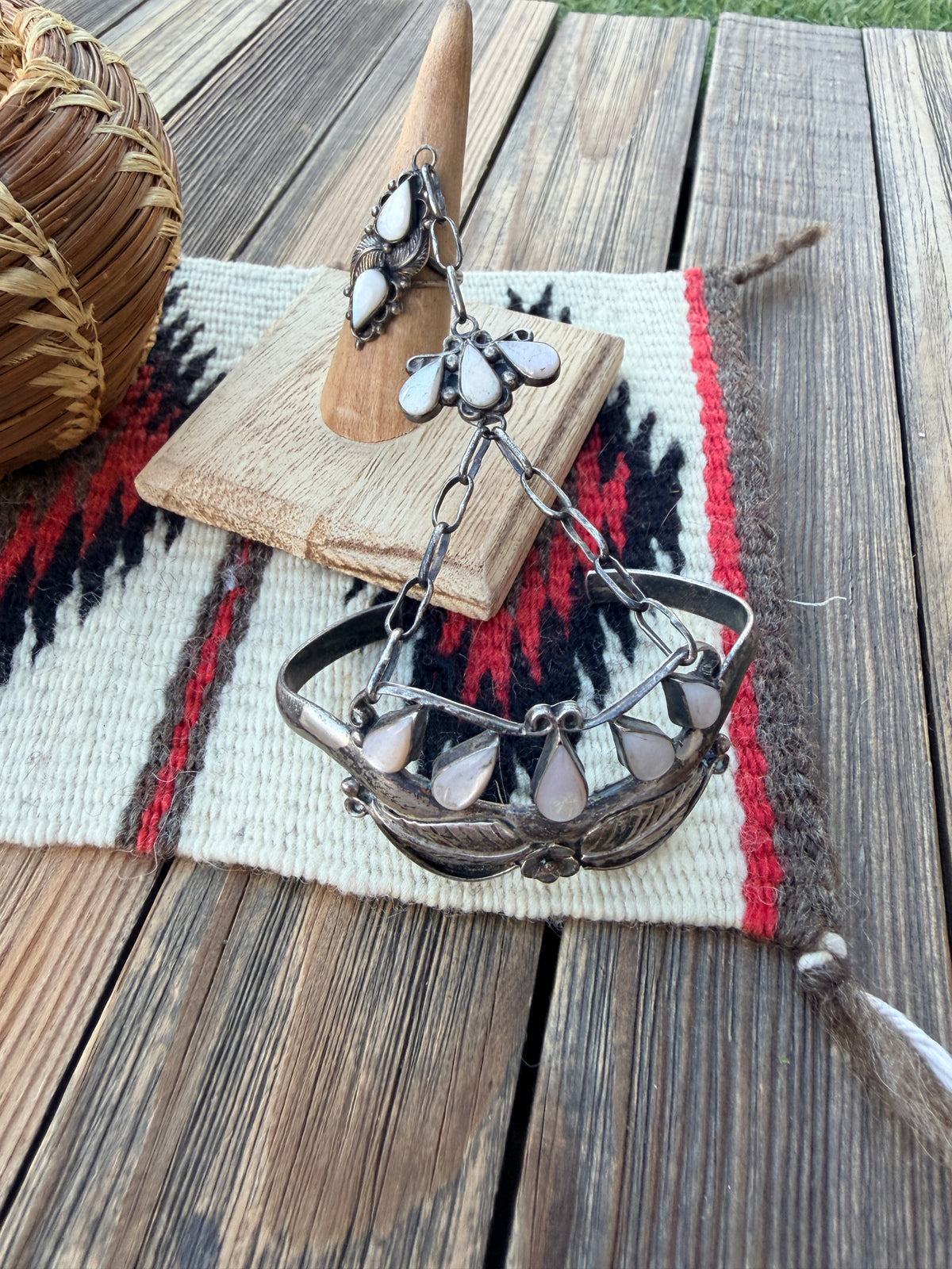 Handcrafted Old Pawn Mother of Pearl & Sterling Silver Cuff Bracelet with Hand Chain