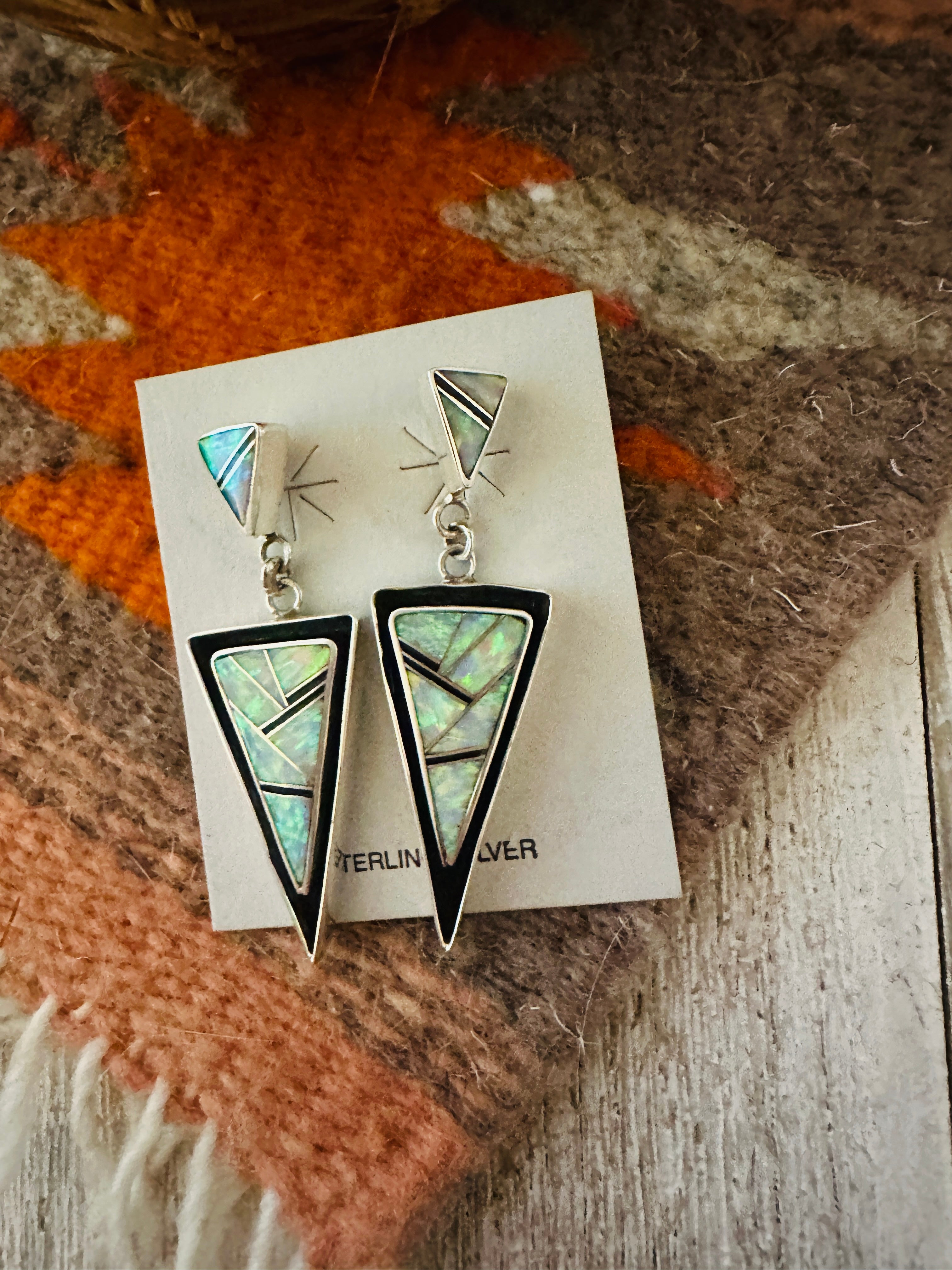 Handcrafted Opal & Sterling Silver Inlay Dangle Earrings