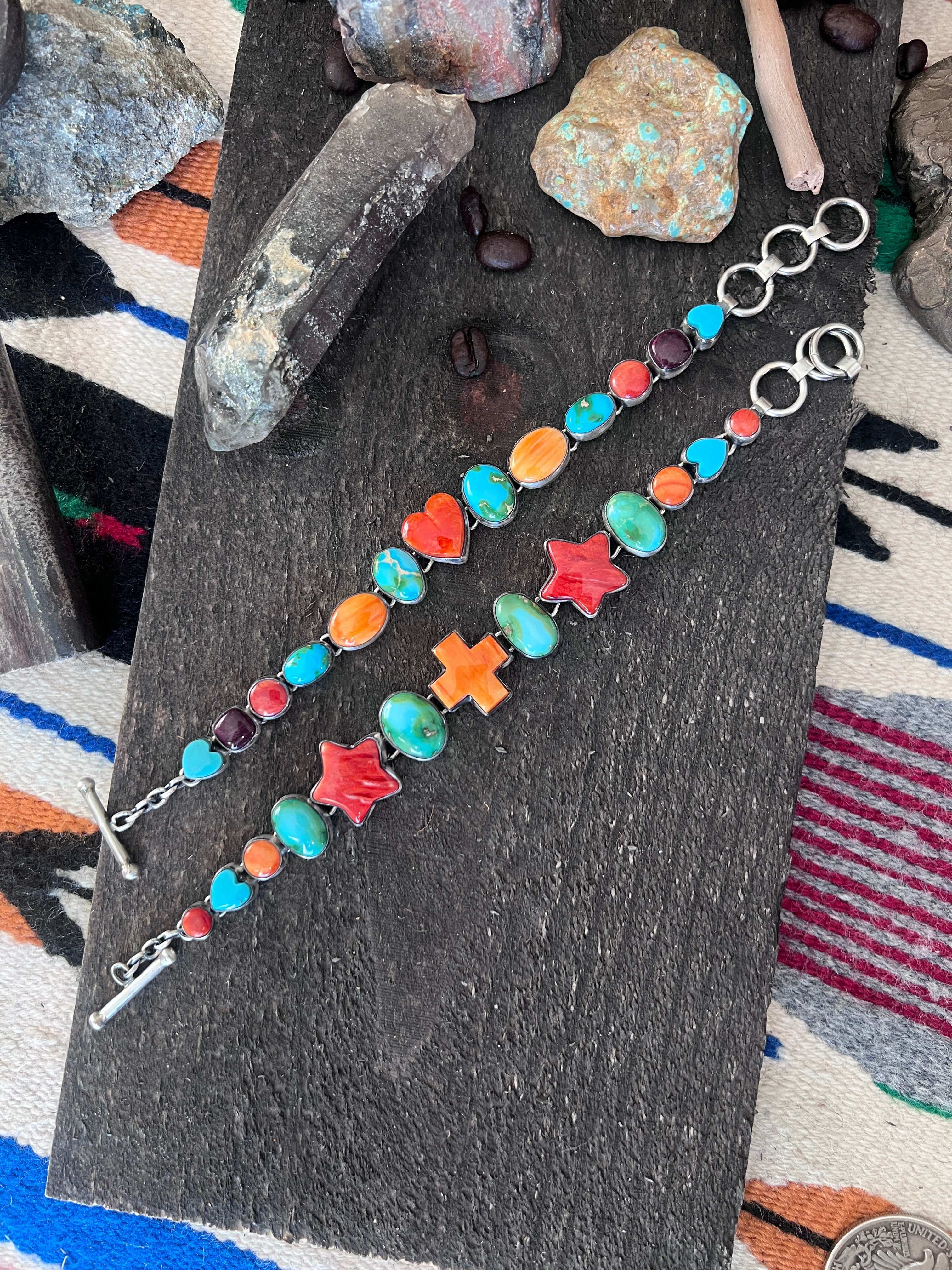 Loretta Delgarito Sterling Silver Electric Rainbow Link Turquoise and Spiny Oyster Heart Bracelet