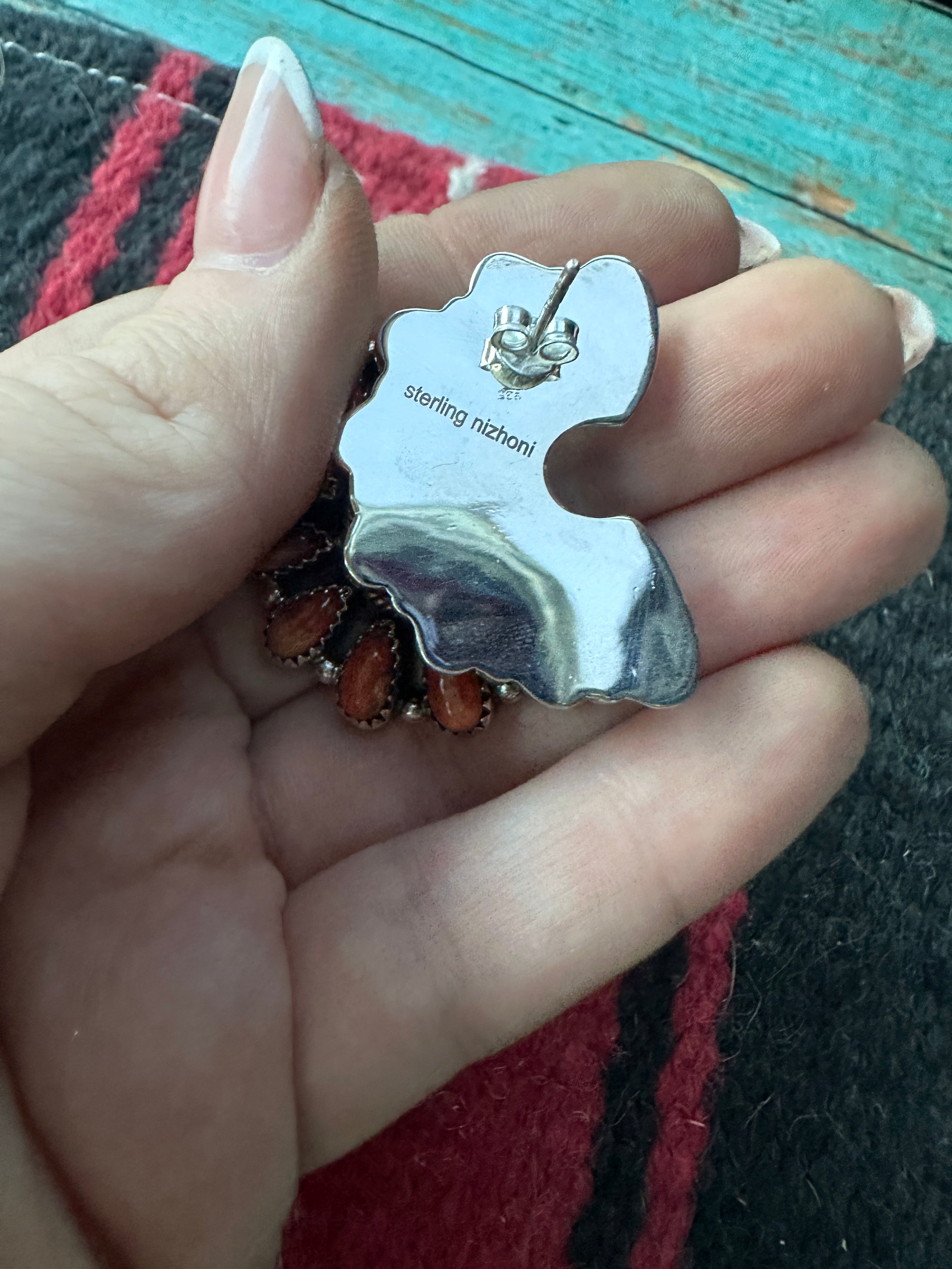 Handmade Sterling Silver & Orange Mojave Crescent Post Earrings Signed Nizhoni