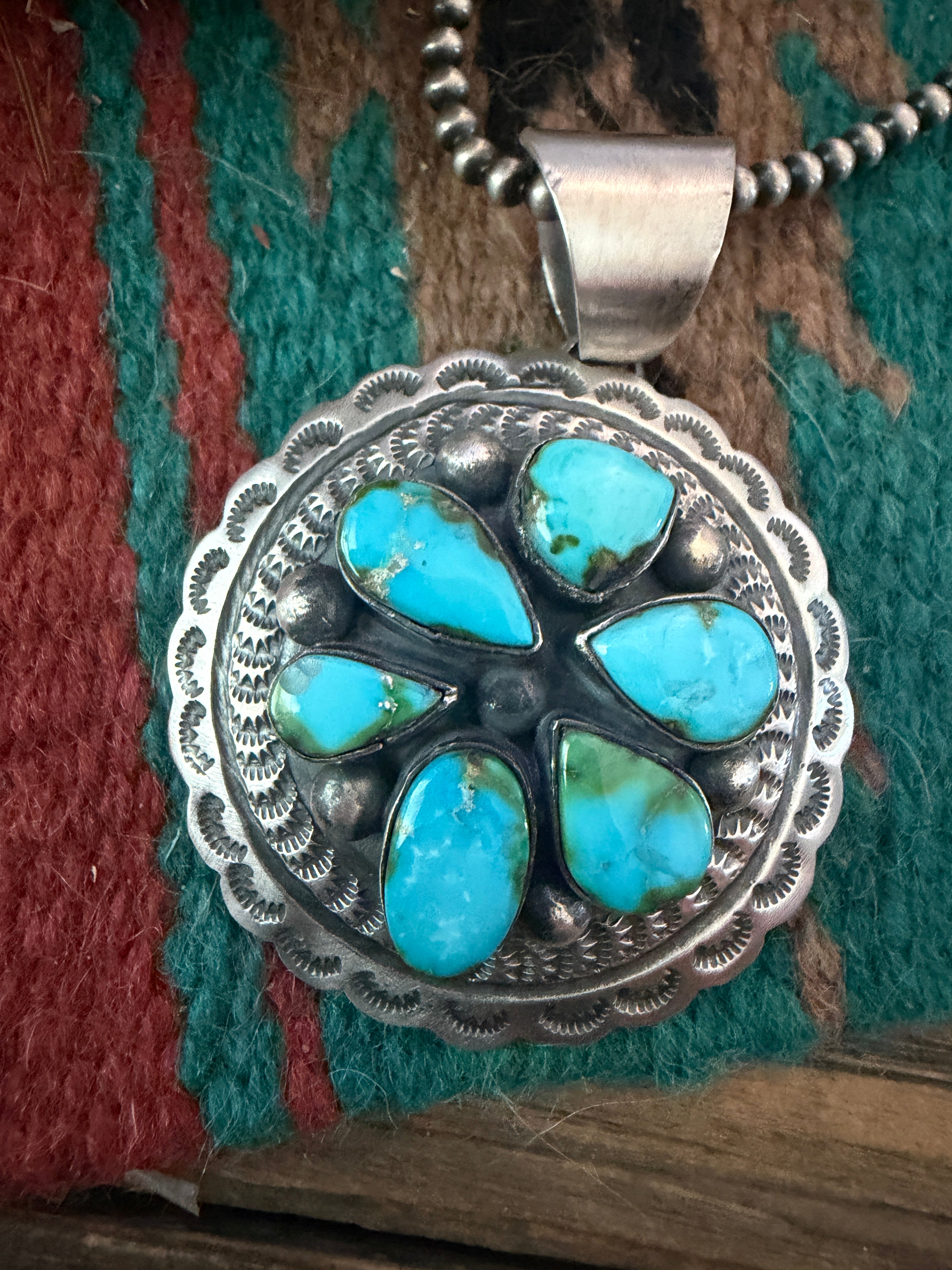 Handcrafted Sterling Silver & Sonoran Mountain Turquoise Concho Pendant by Chimney Butte