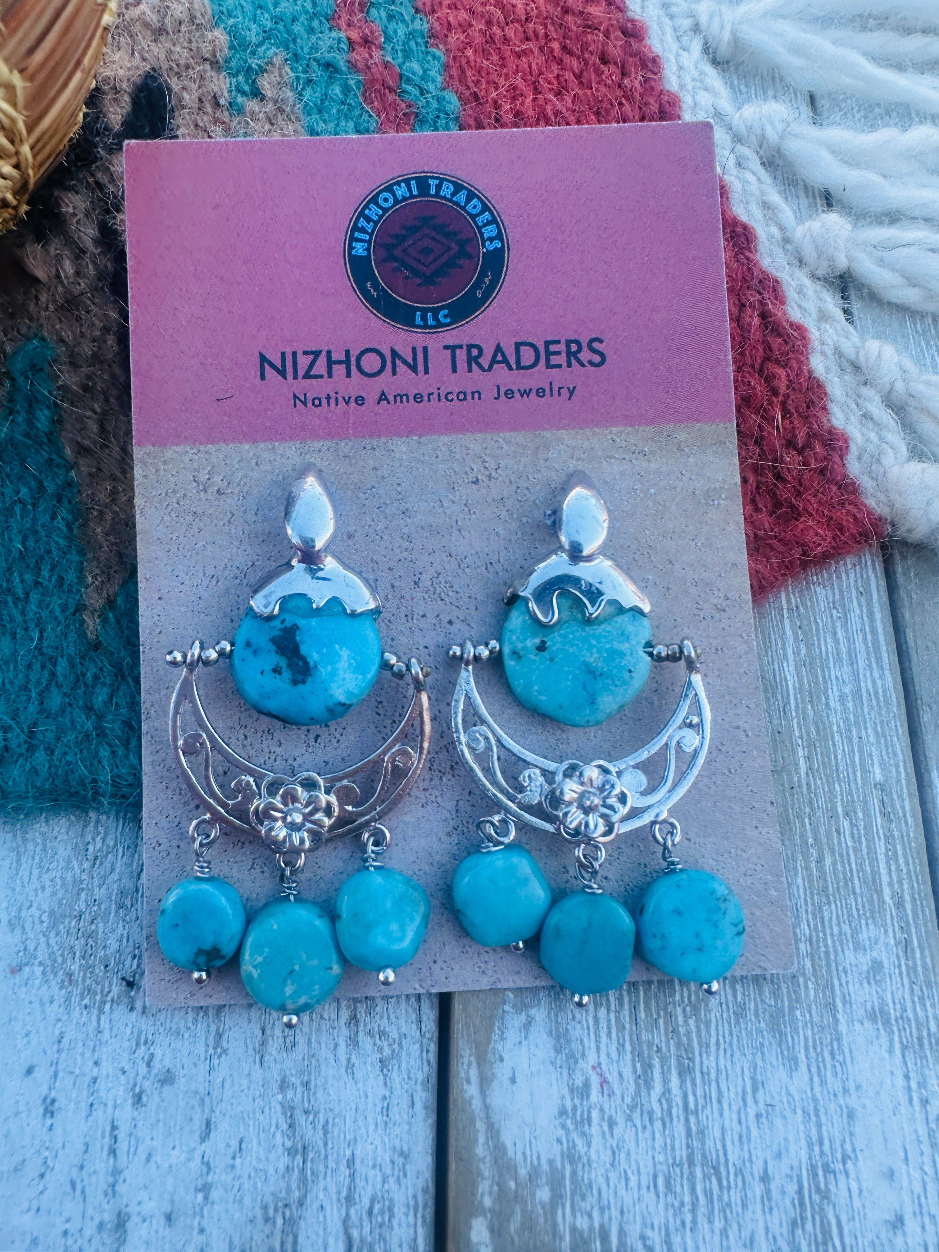Handcrafted Turquoise & Sterling Silver Flower Dangle Earrings