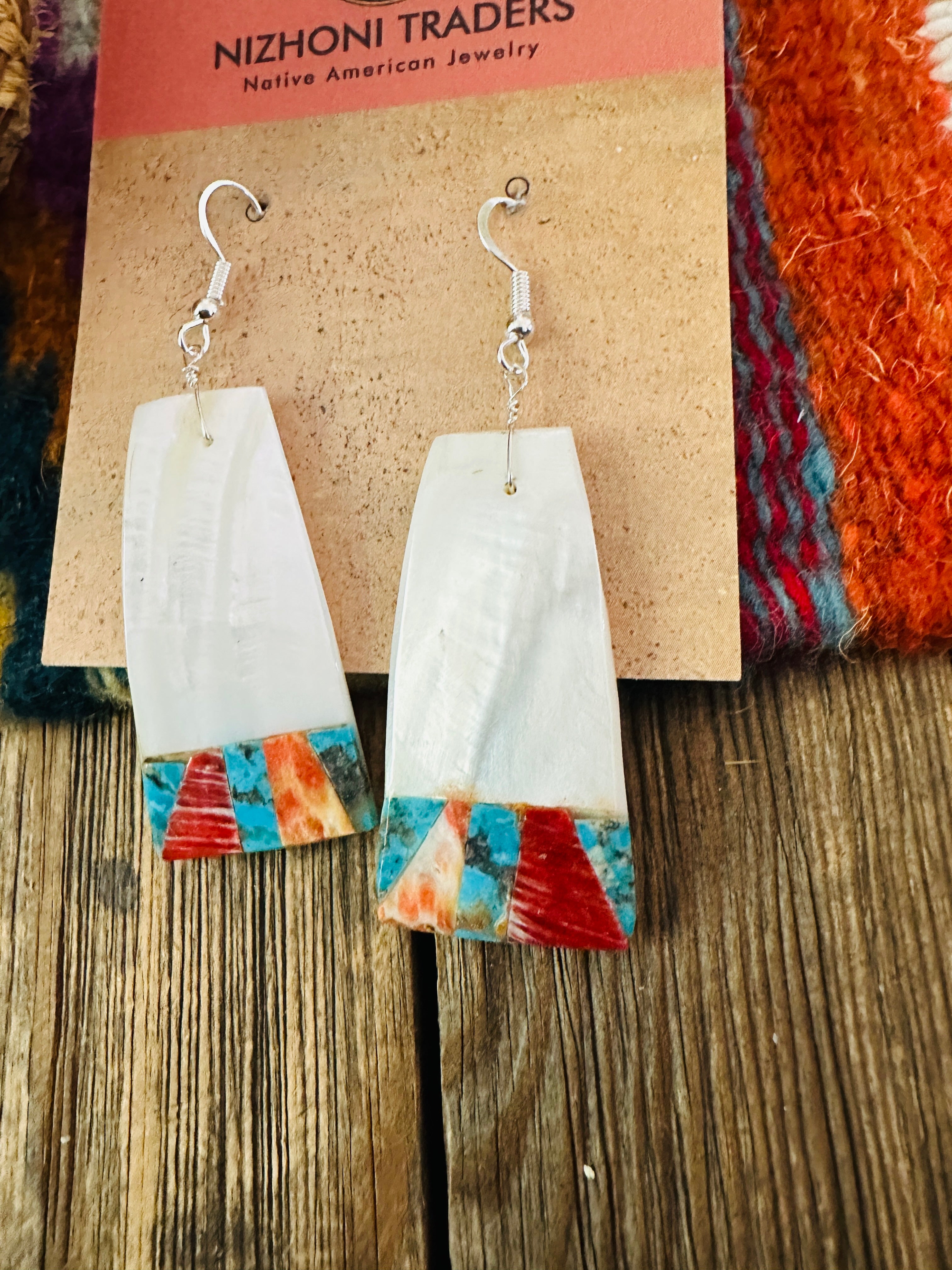 Handcrafted Mother of Pearl, Spiny Oyster, Turquoise Slab Dangle Earrings