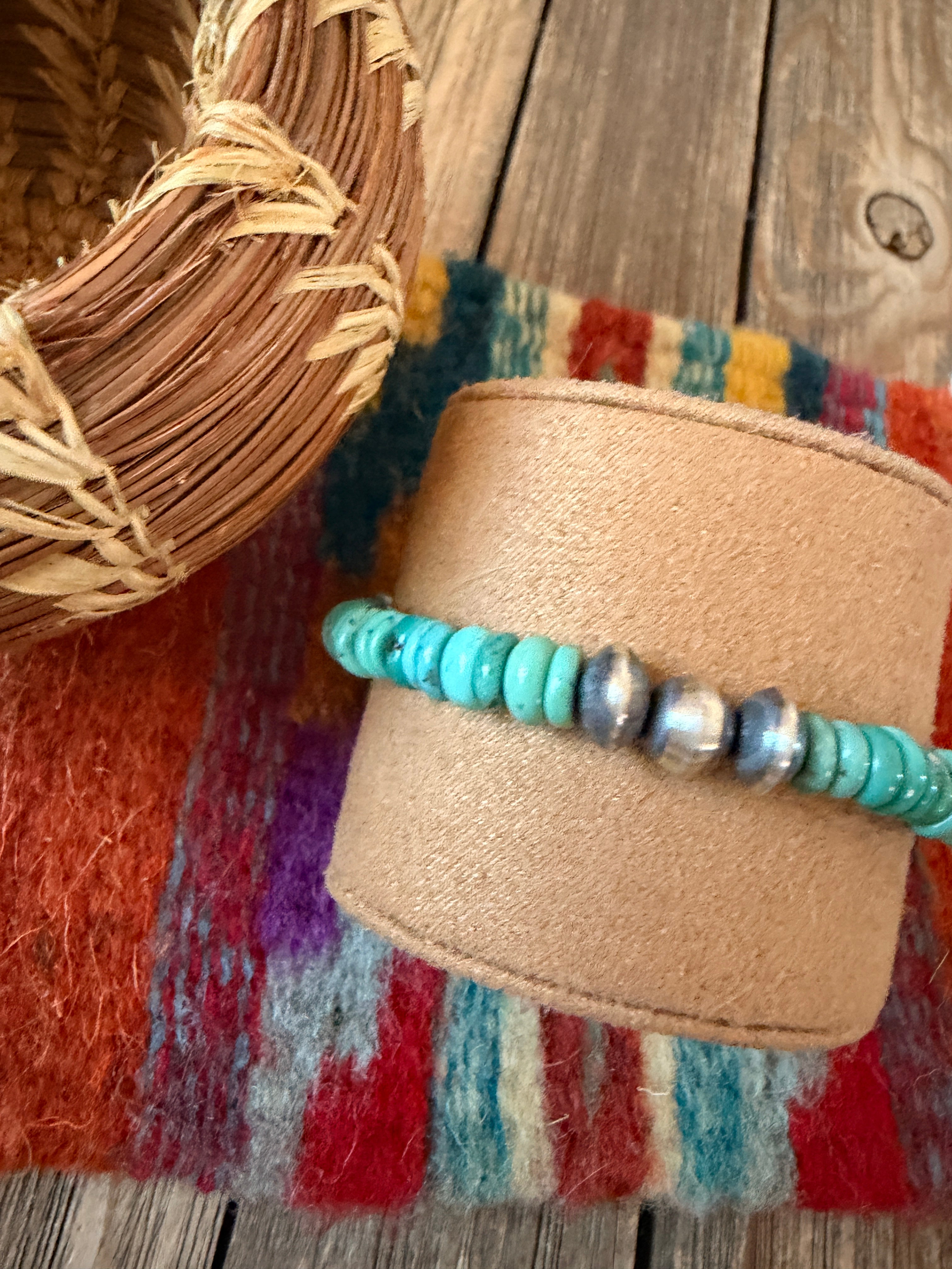 Handcrafted Turquoise & Sterling Silver Beaded Stretch Bracelet