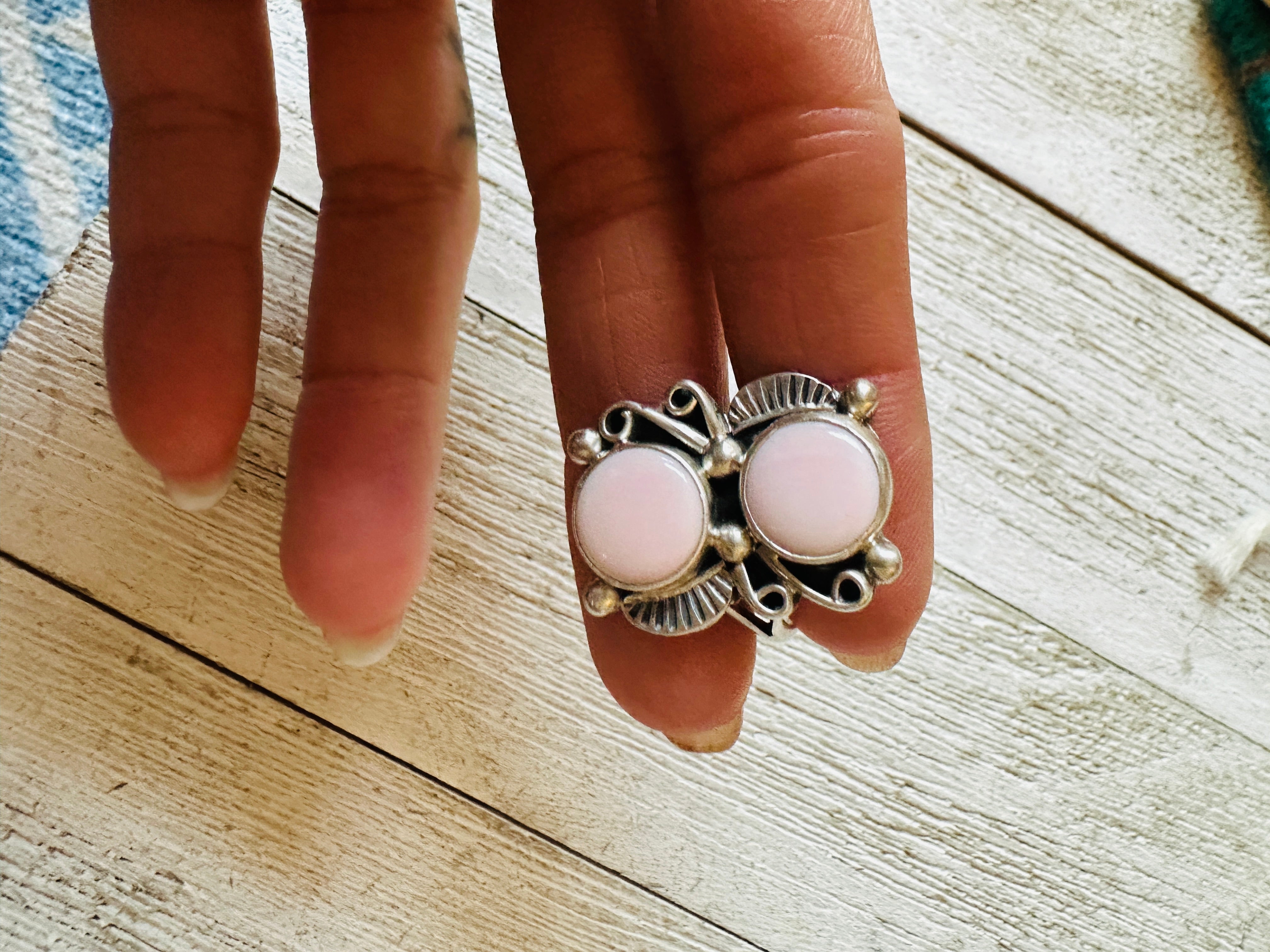 Navajo Sterling Silver & Queen Pink Conch 2 Stone Adjustable Ring