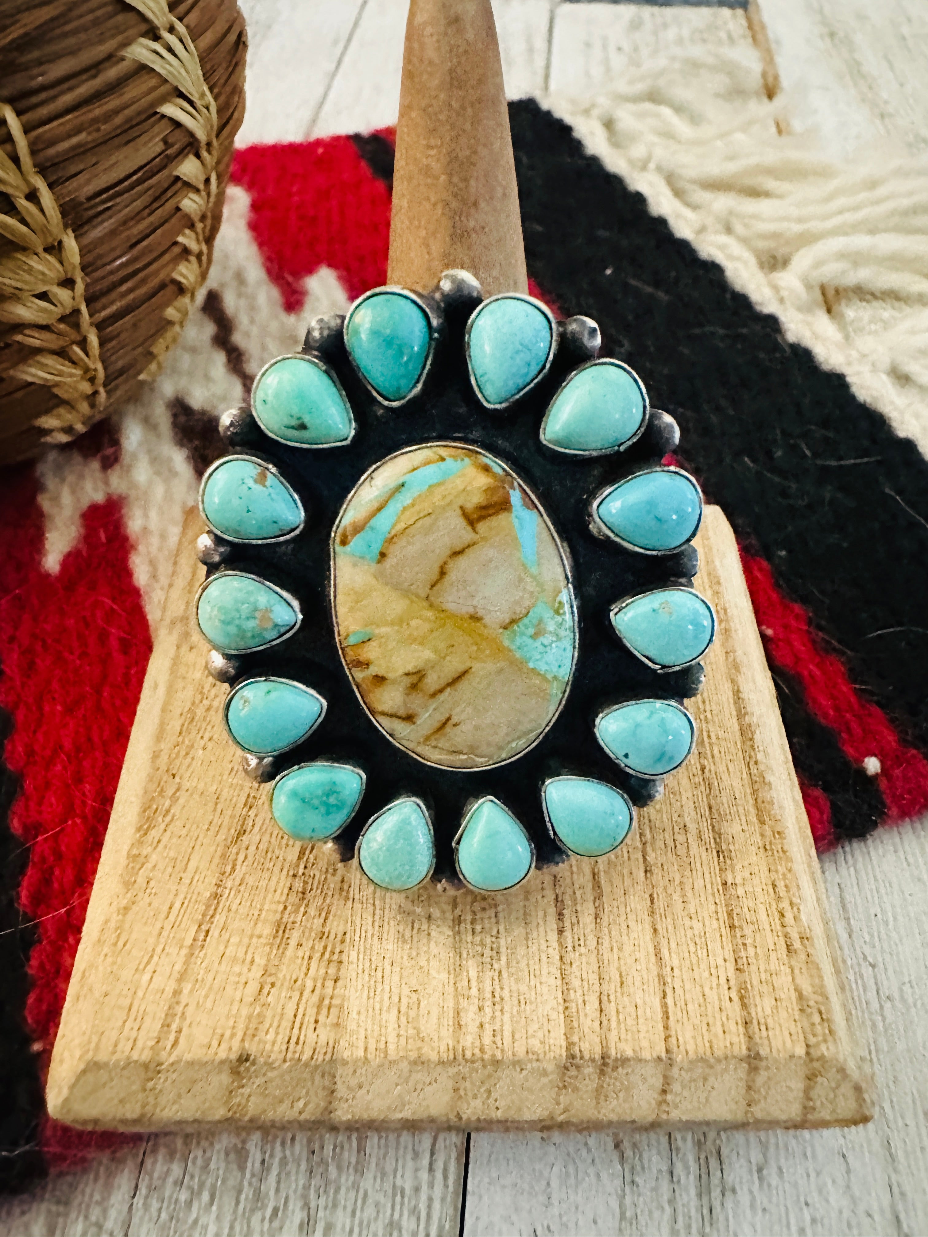 Navajo Ribbon Turquoise & Sterling Silver Cluster Ring Size 8