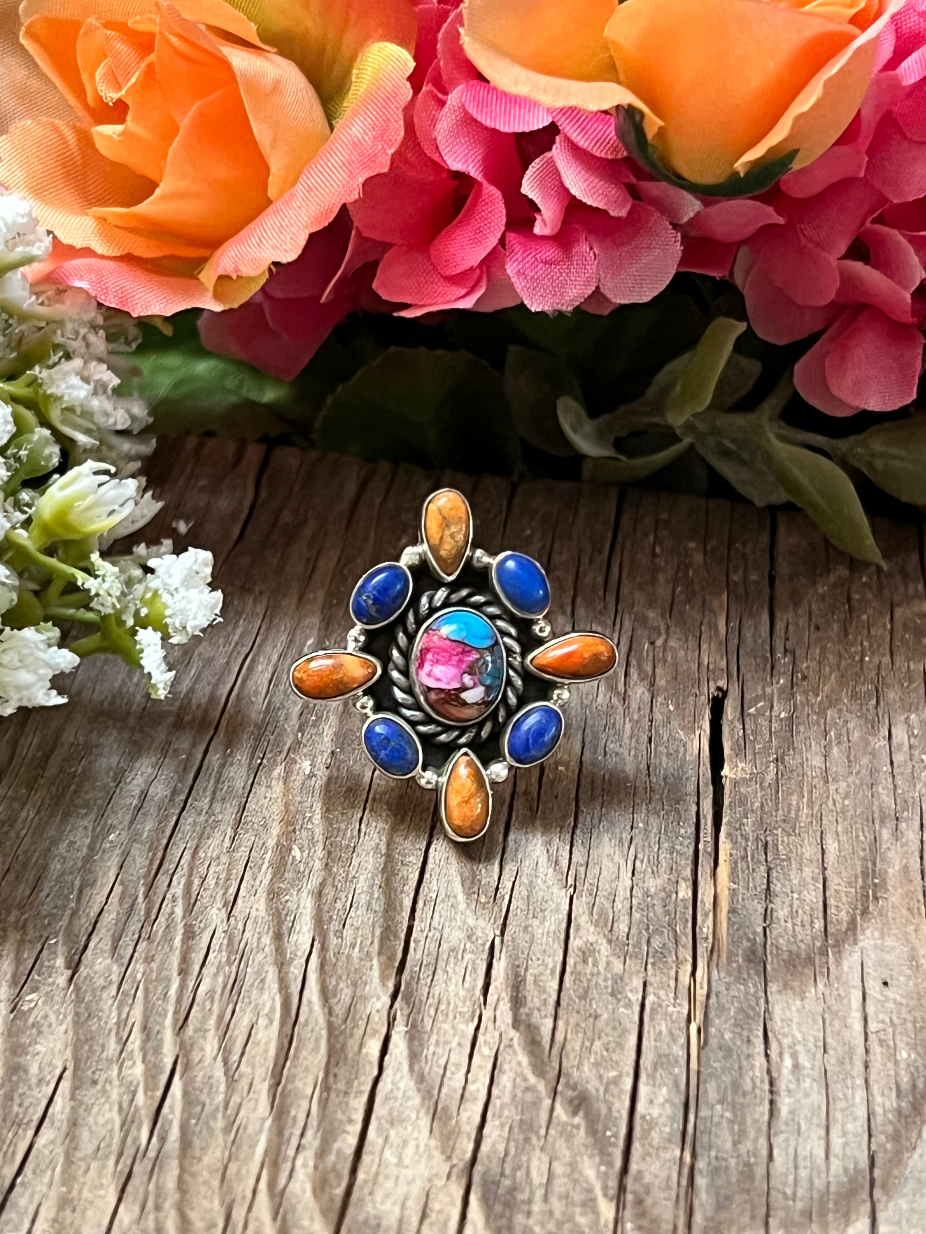 Handmade Sterling Silver Lapis, Orange Spiny, & Pink Dream Cluster Adjustable Ring