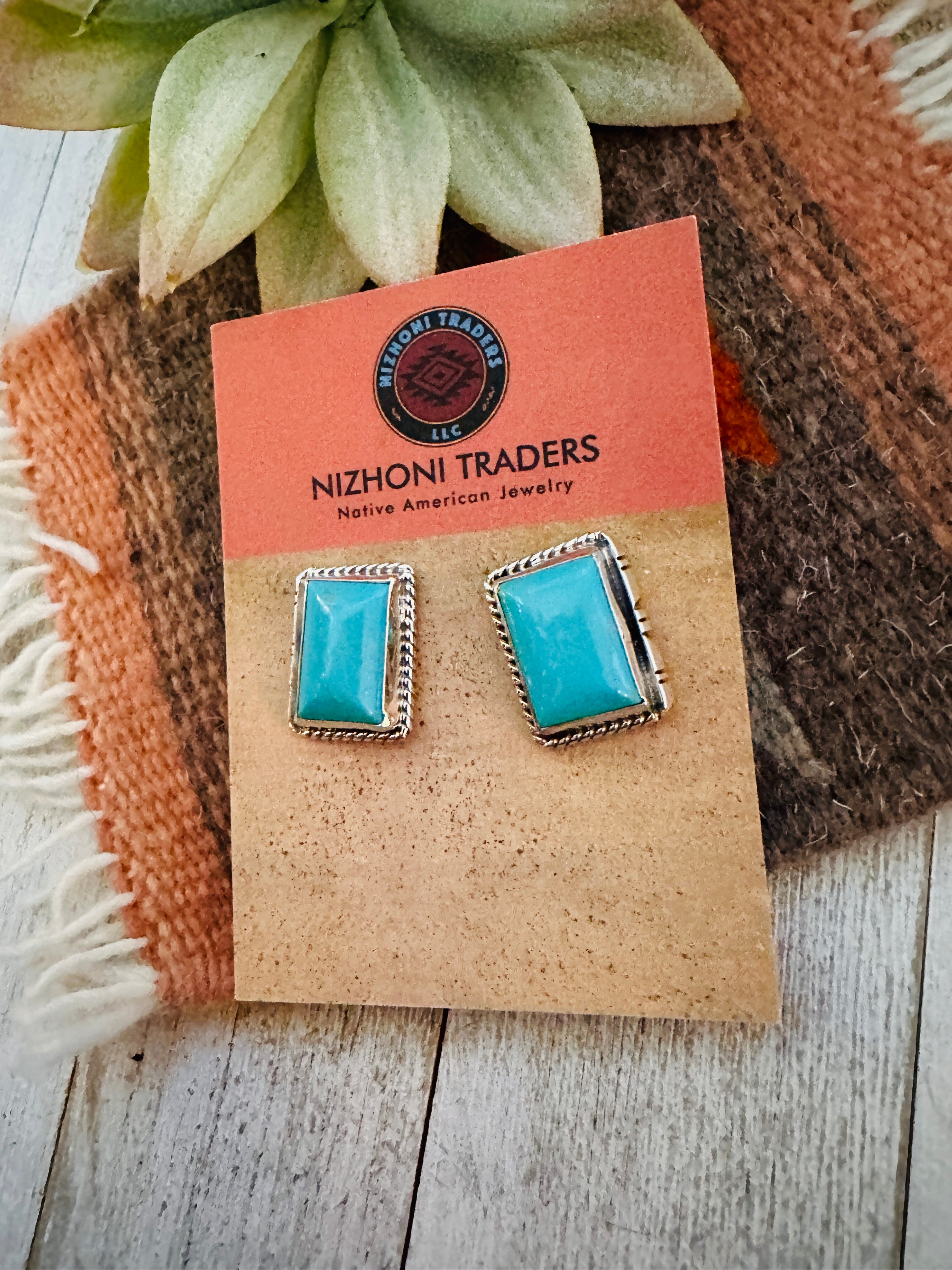 Navajo Turquoise & Sterling Silver Rectangle Post Earrings